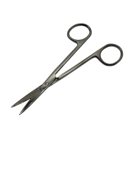 A pair of stainless steel fine tip scissors with ringed handles.