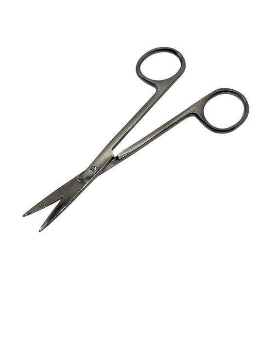 A pair of stainless steel fine tip scissors with ringed handles.