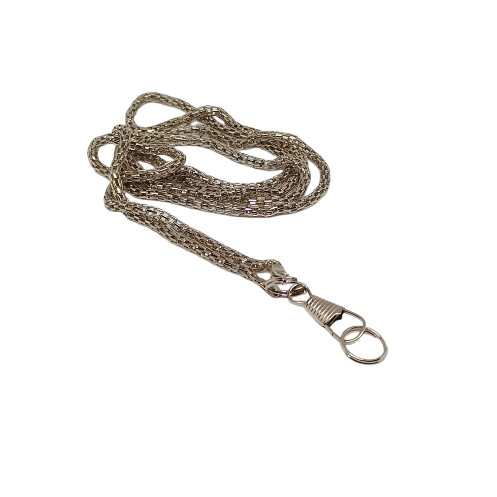 A silver-colored loupe chain with a spring clasp and a loop for attaching to clothing or bags.