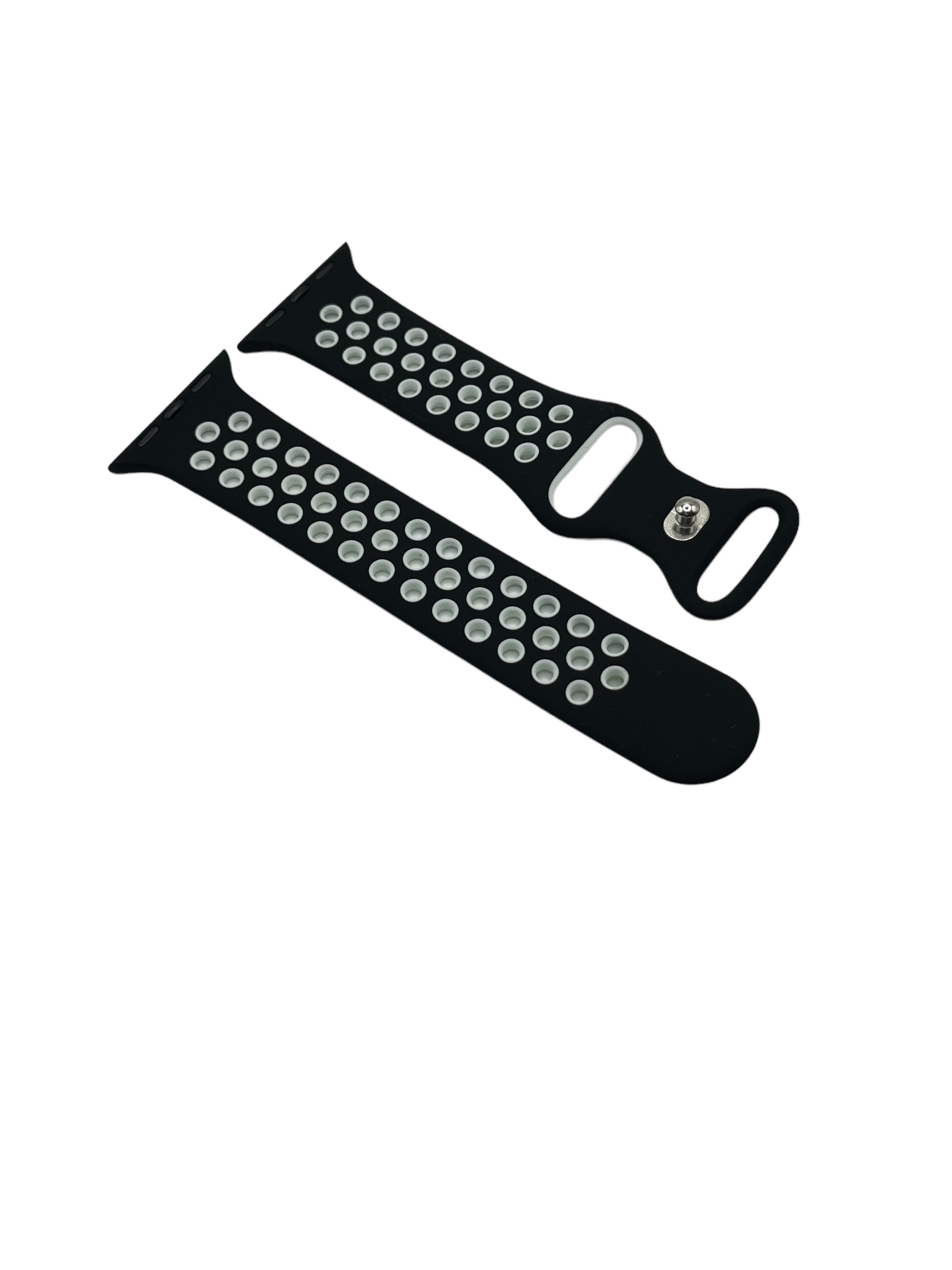 A silicone watch strap with a pin and tuck closure, featuring black and grey colors with a pattern of holes on the strap body.