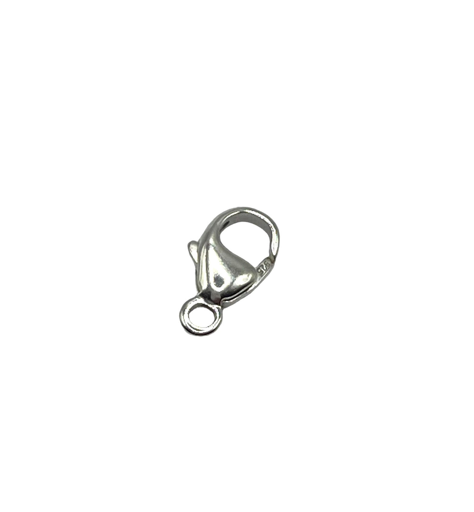 A sterling silver karabiner clasp in a lobster claw shape catch, intended for use in jewelry making.