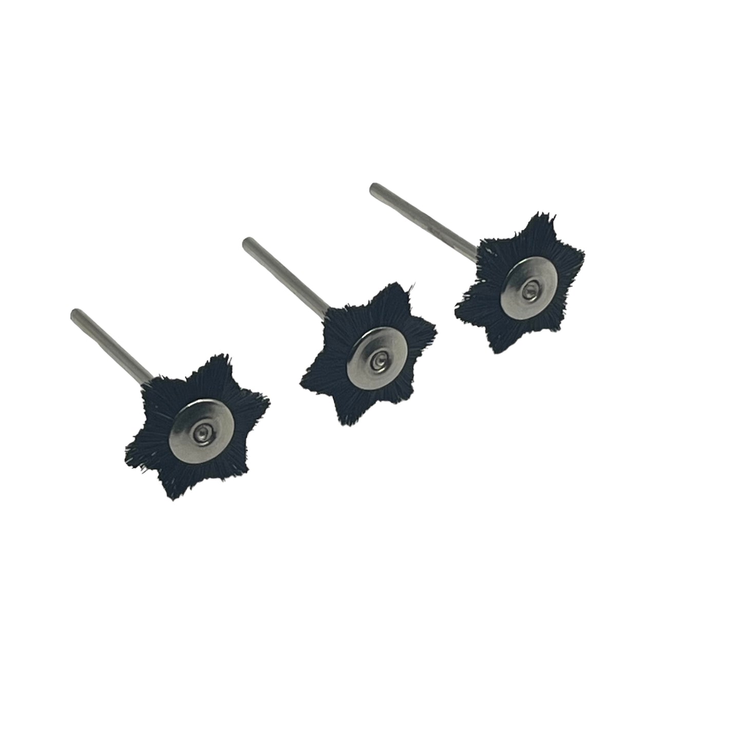 Three black star-shaped polishing wheels made of hog hair, used for metal polishing.