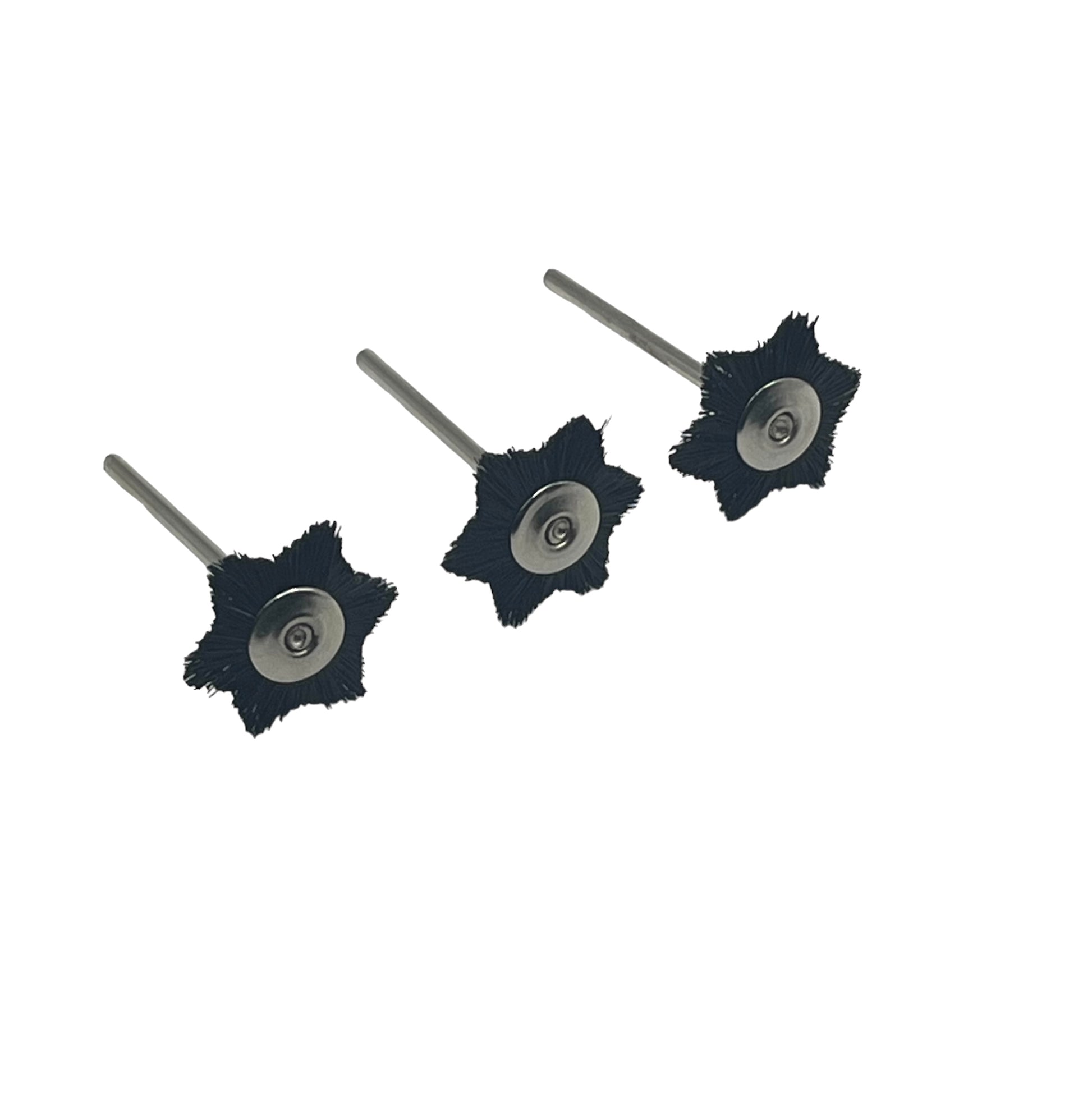 Three black star-shaped polishing wheels made of hog hair, used for metal polishing.