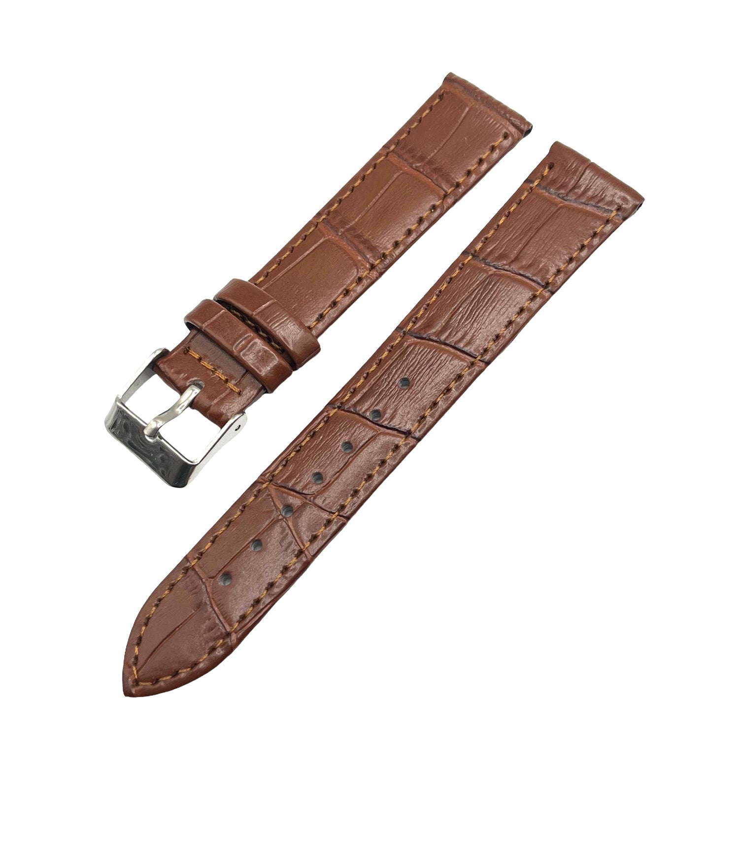 A brown leather crocodile grain watch strap with a stainless steel buckle, displayed flat on a white background.