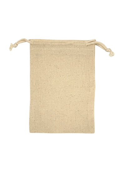 Beige drawstring pouch on a white background