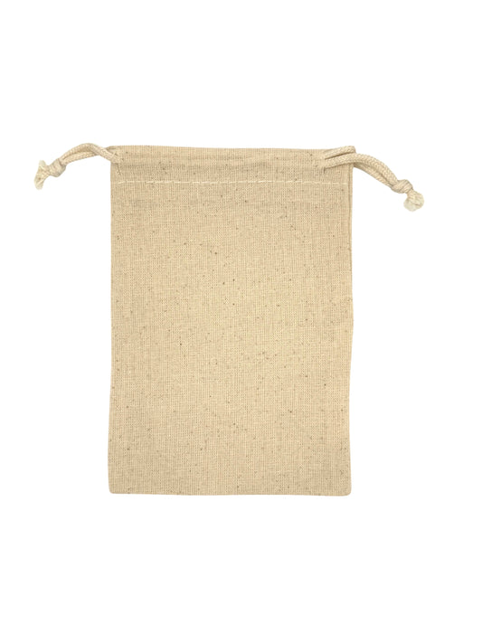 Beige drawstring pouch on a white background