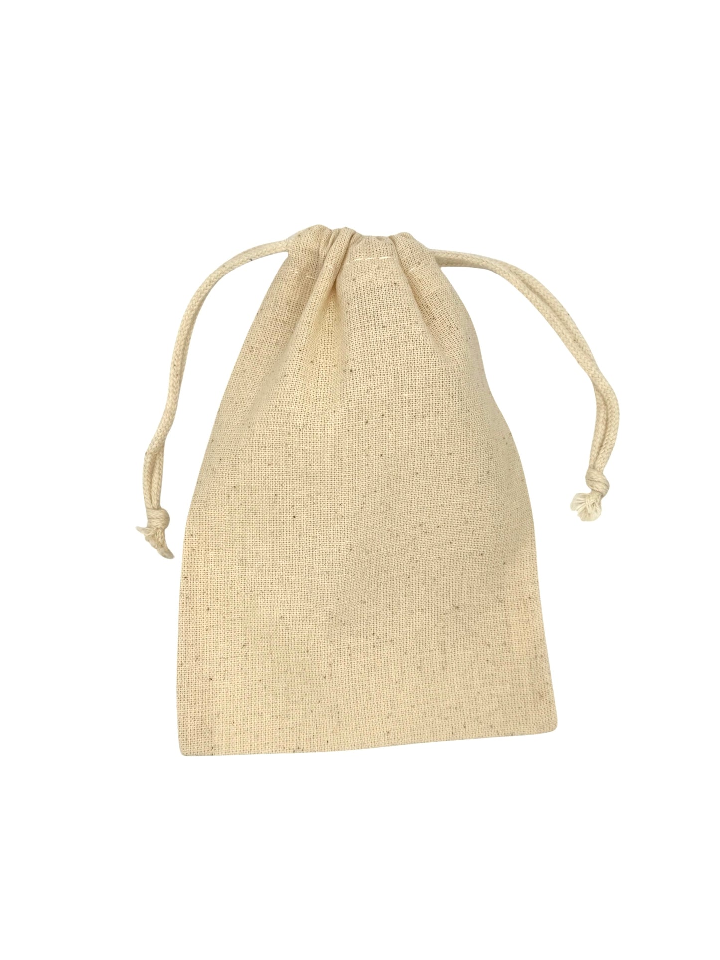 Beige drawstring pouch on a white background