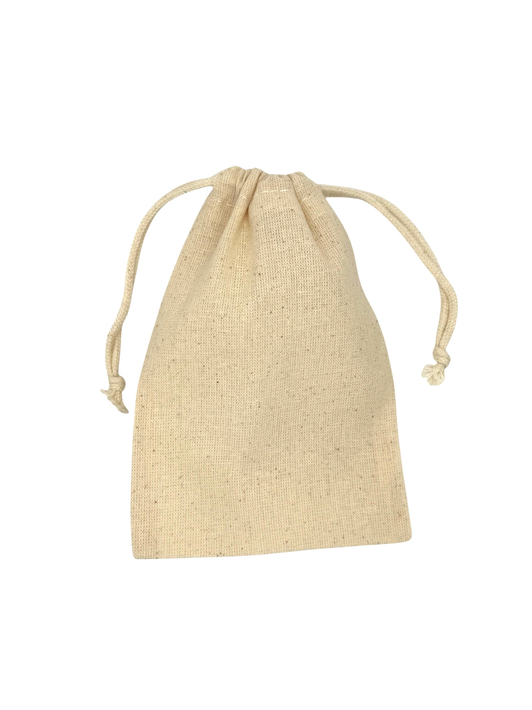 Beige drawstring pouch on a white background