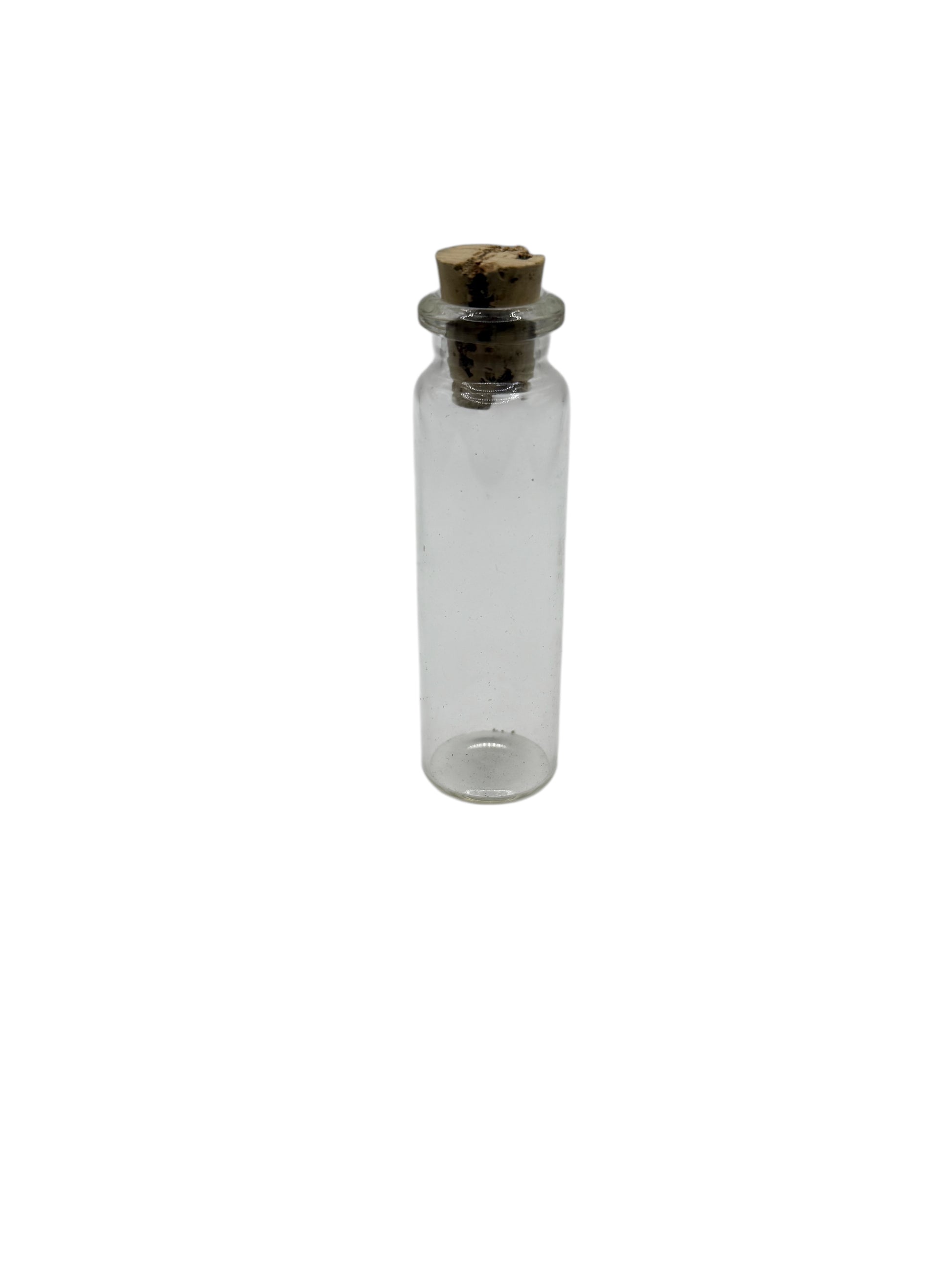 Clear glass bottle with a cork cap on a white background
