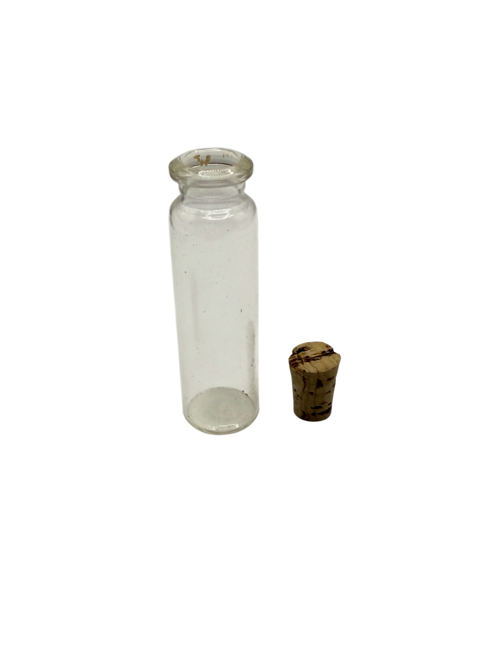 Clear glass bottle with a cork stopper on a white background