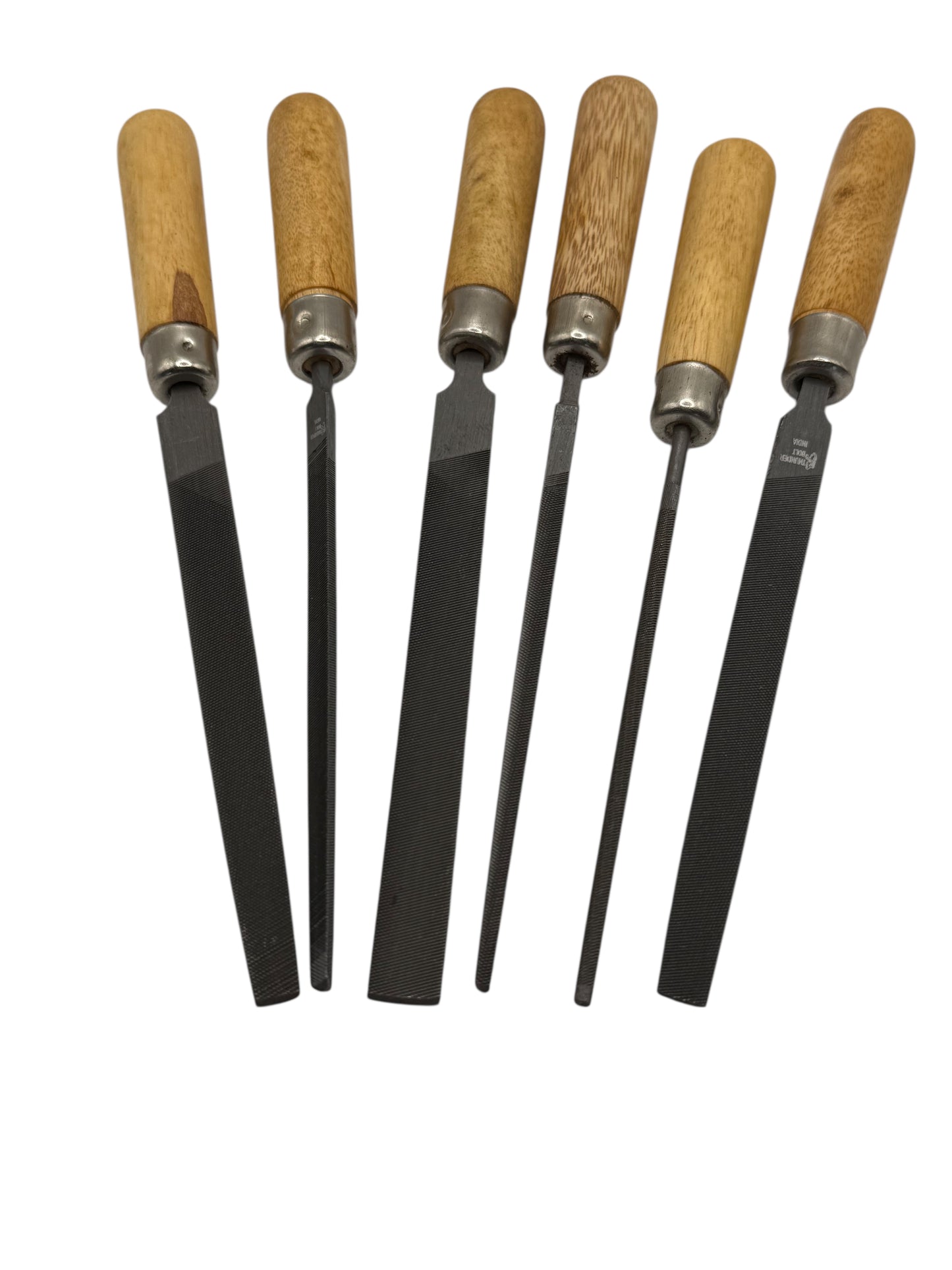 Set of six files with wooden handles on a white background