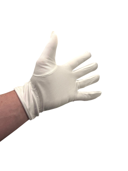 White Microfibre gloves on persons hand