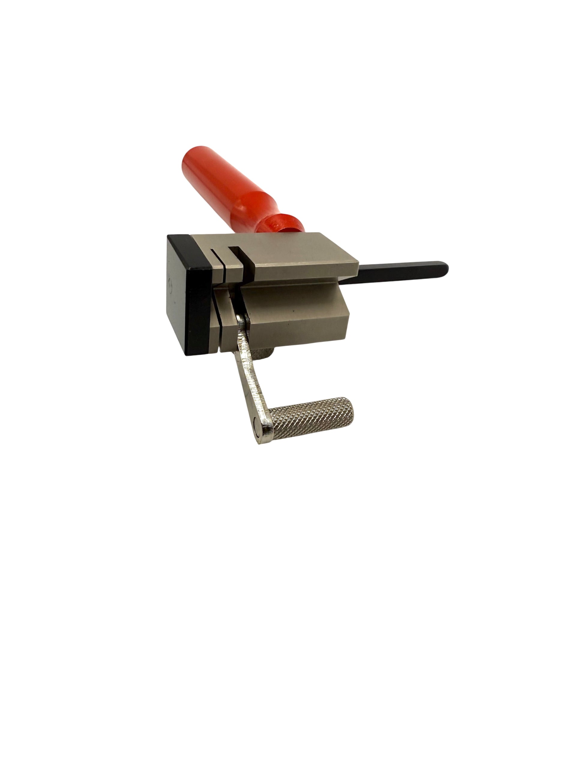 Metal clamp with red handle on a white background