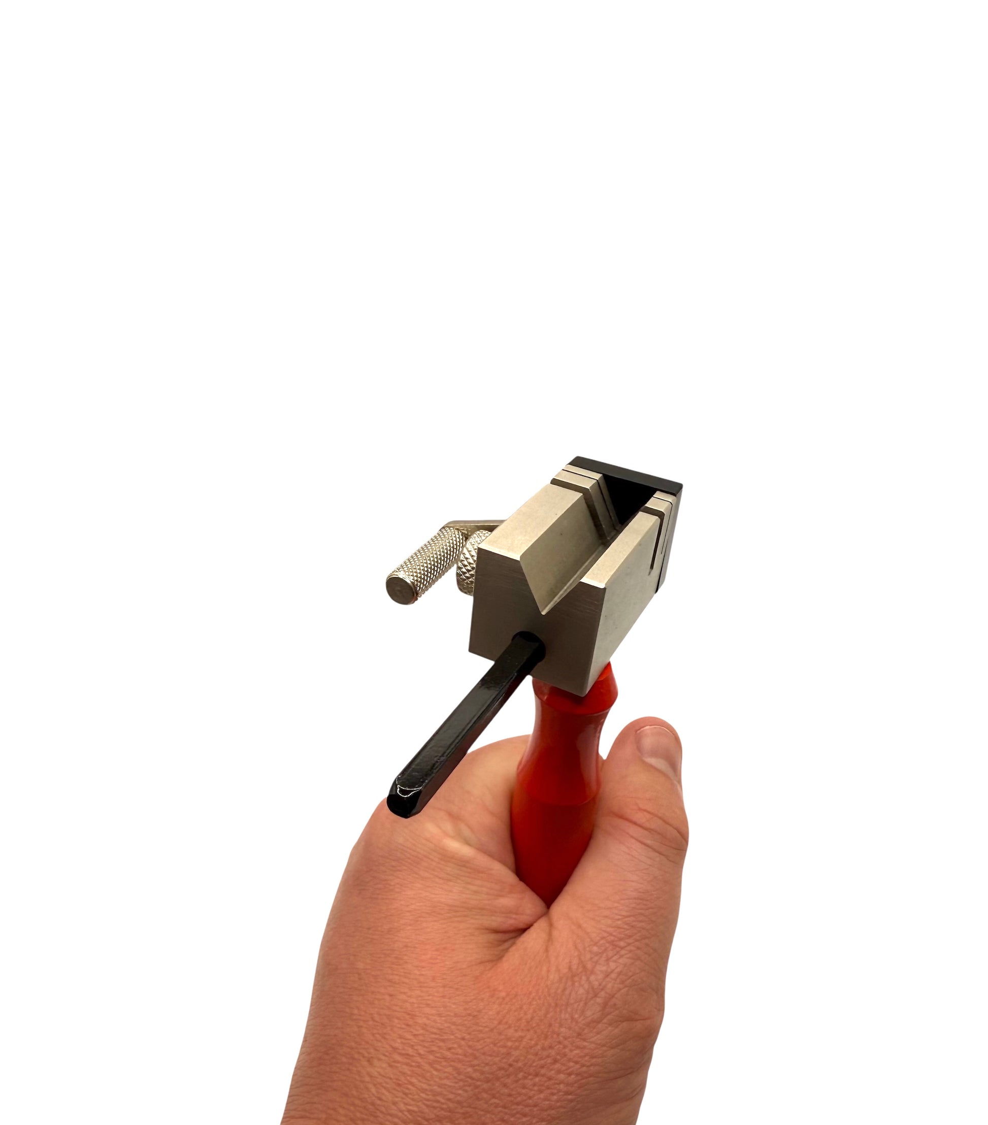 Hand holding a tool with a red handle and metallic head on a white background