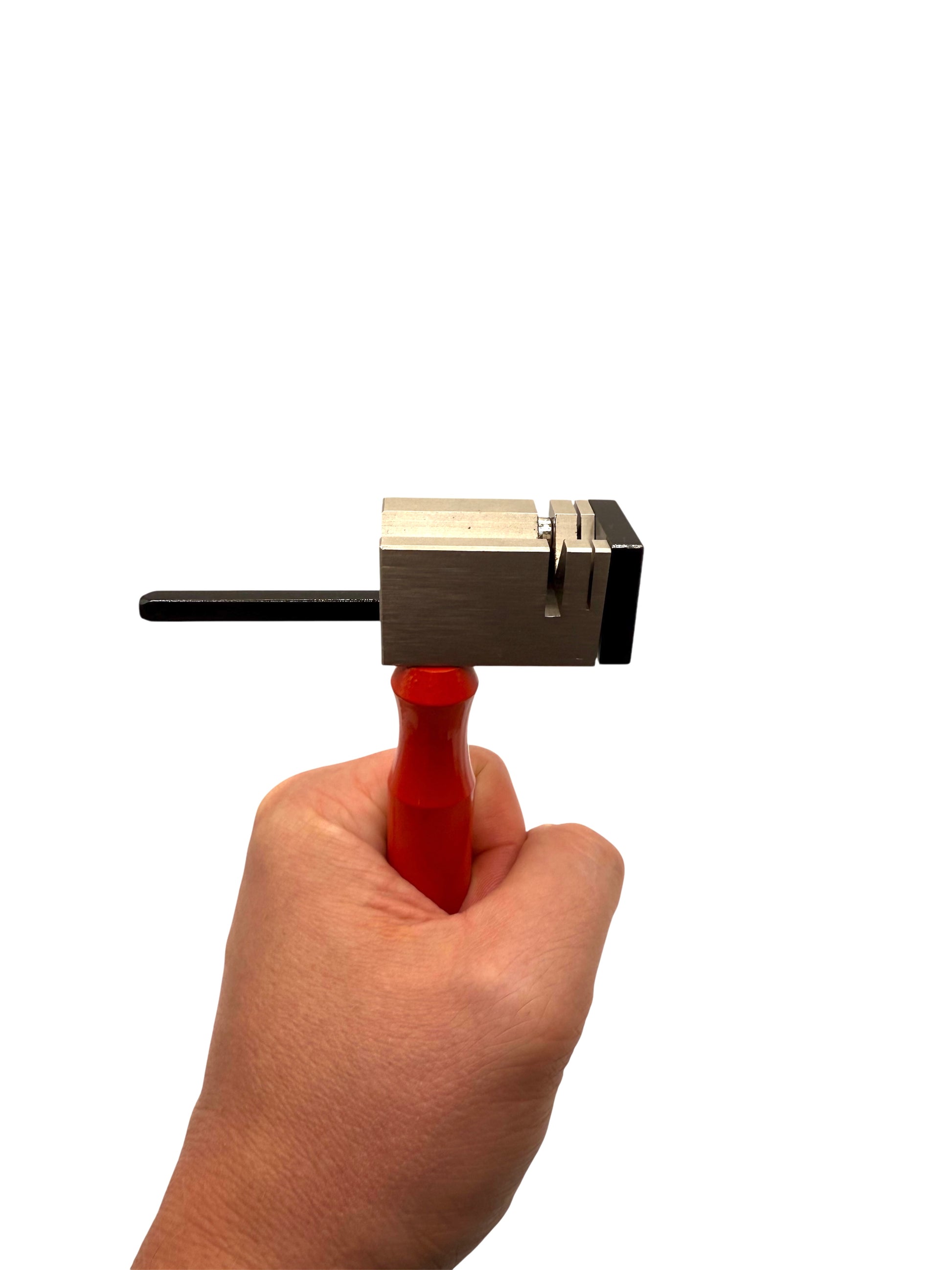 Precision tube cutter with red handle for jewelry making, ideal for cutting soft metal tubing in detailed designs.