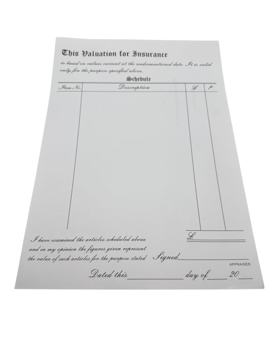 Vintage insurance valuation document on a white background