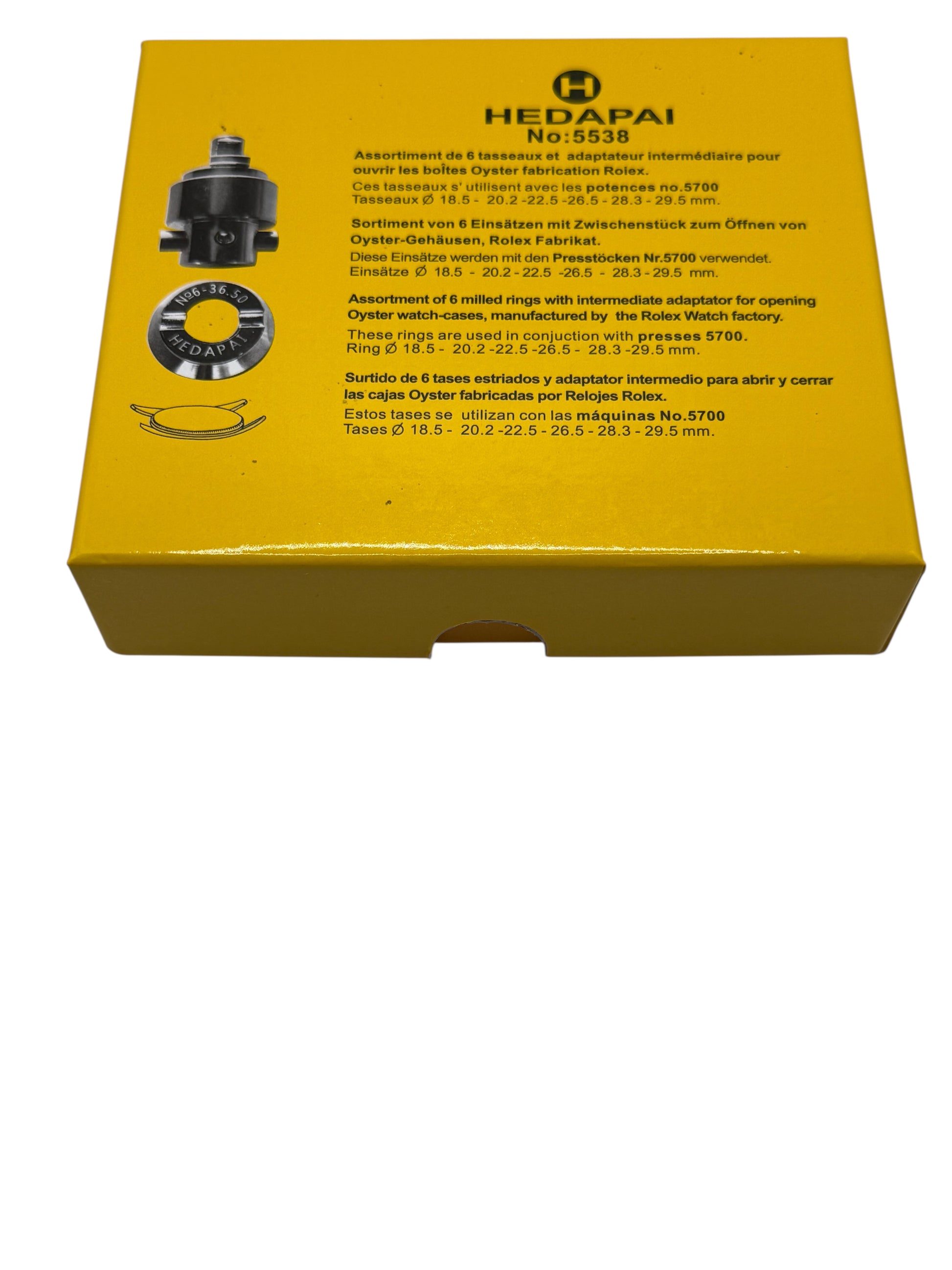 Yellow box with technical details and branding on a white background