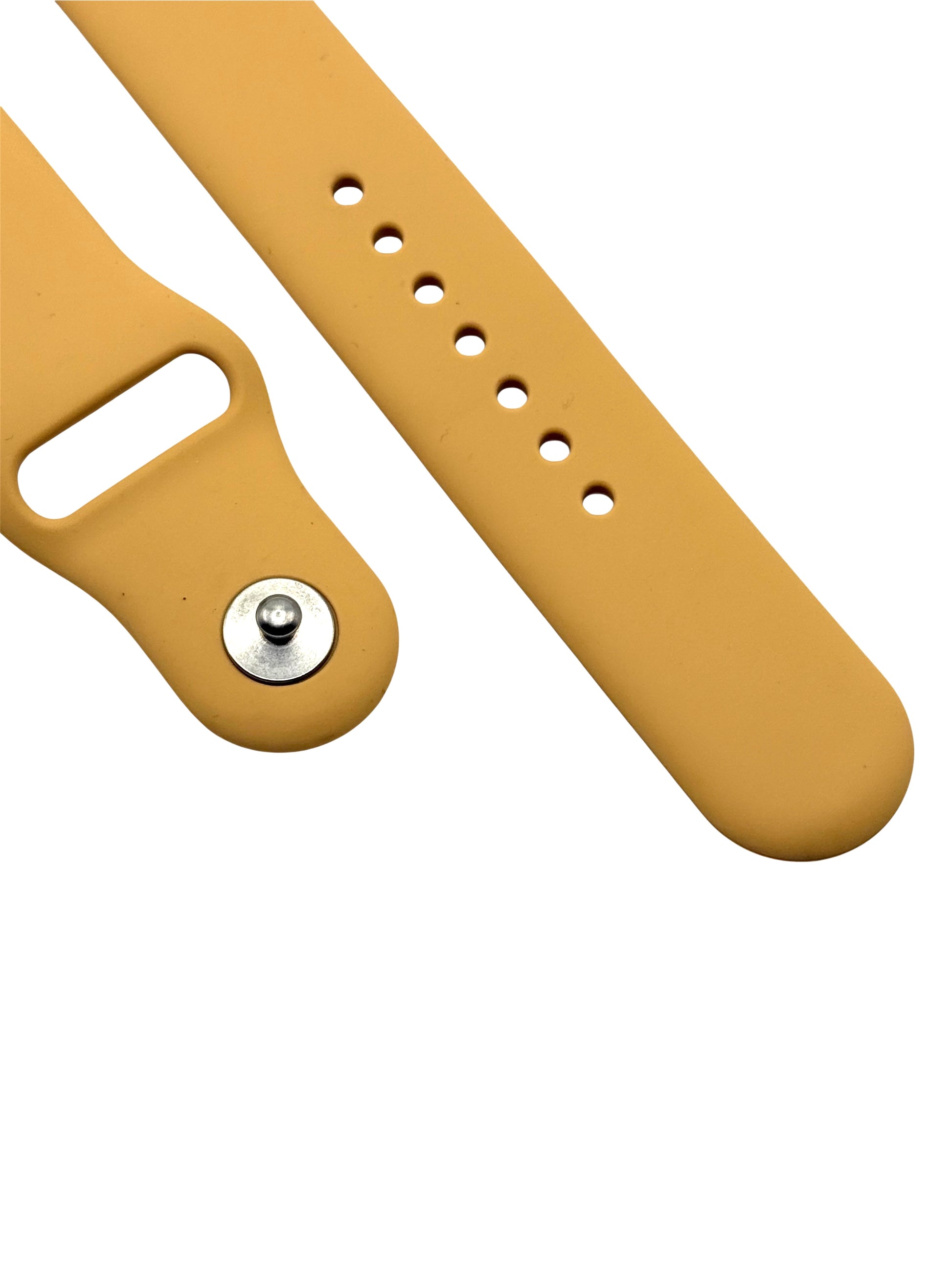 Beige watch strap with metal buckle on a white background