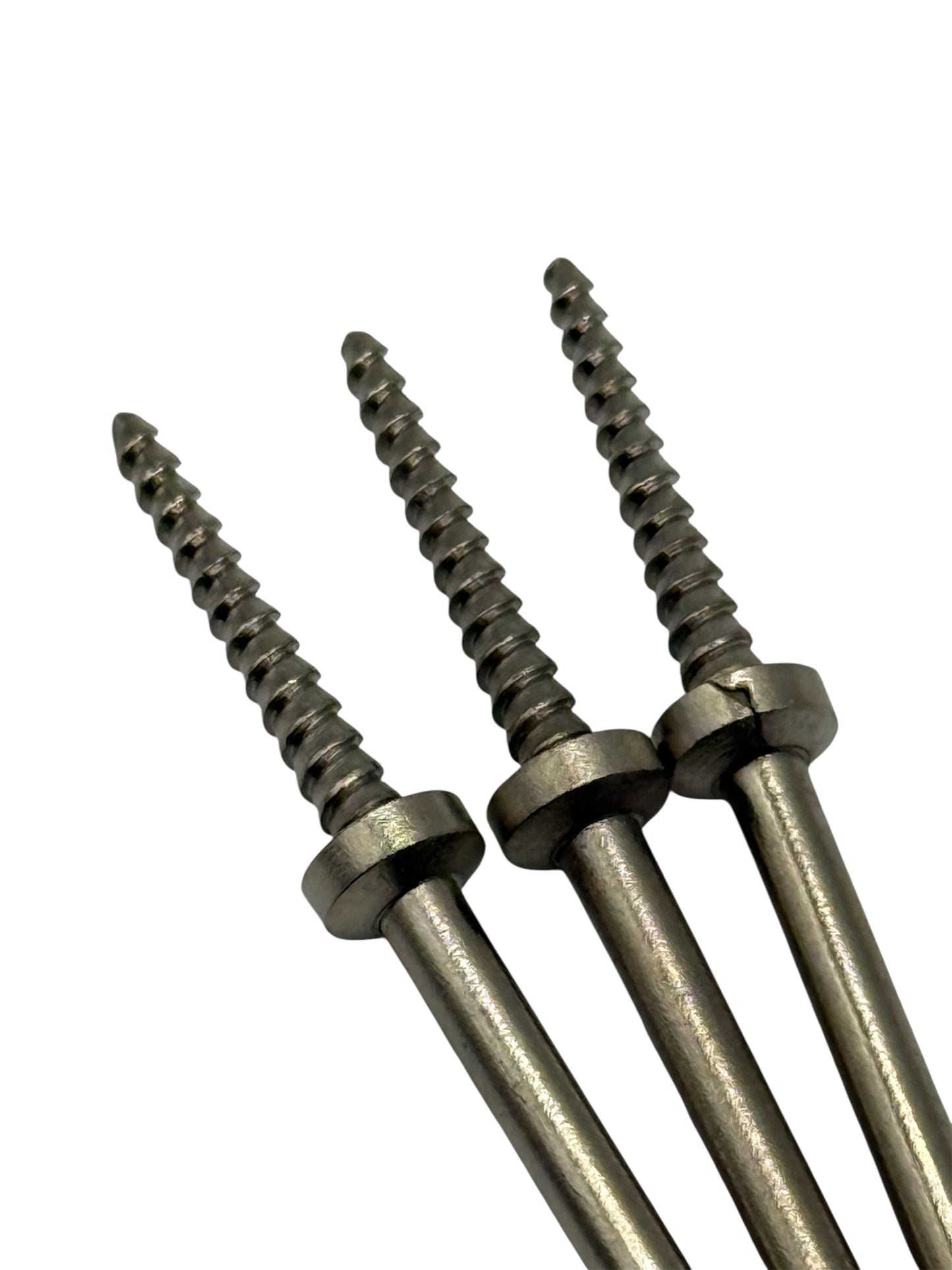 Three metal mandrels with threaded shafts on a white background