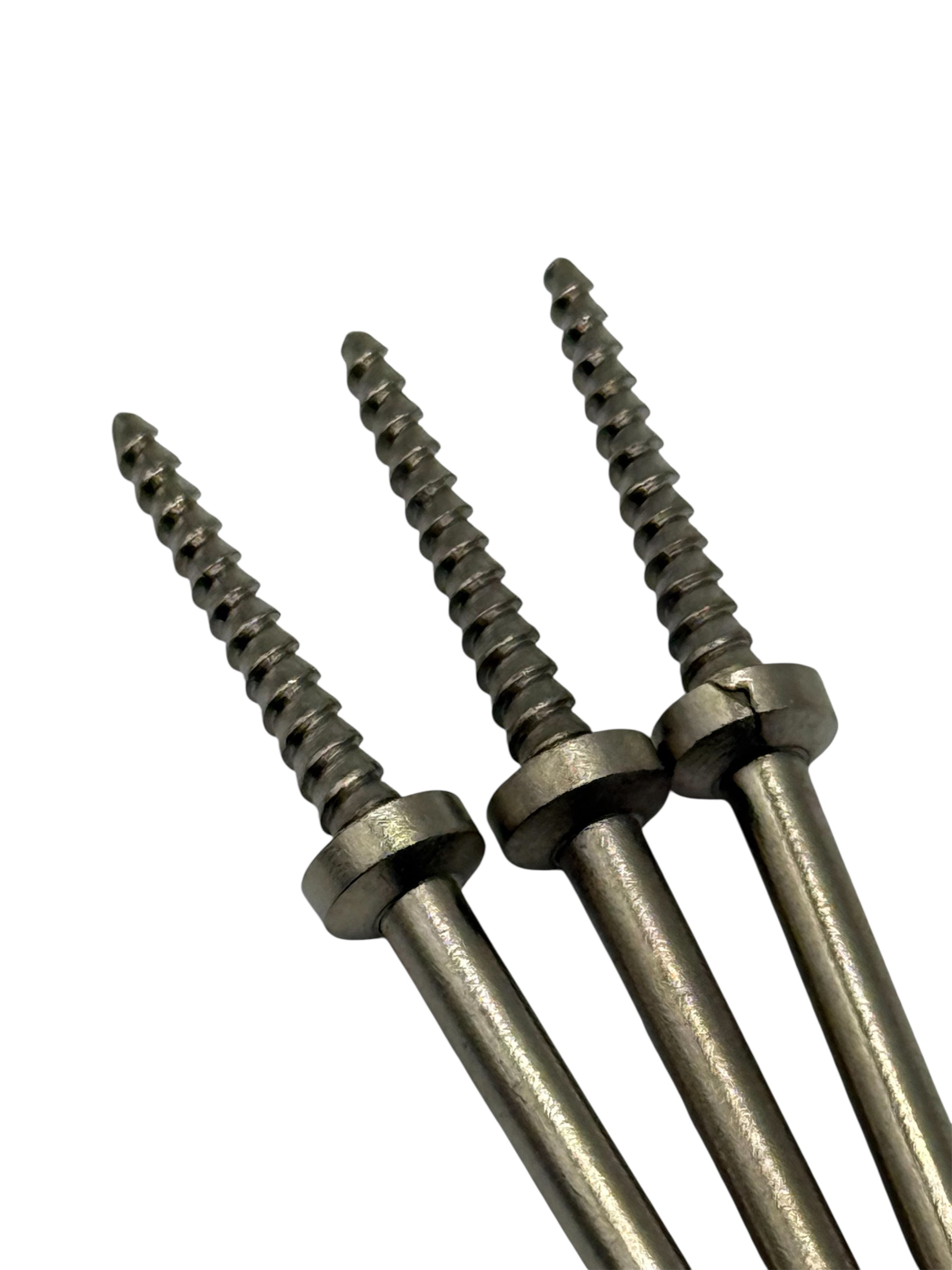 Three metal mandrels with threaded shafts on a white background
