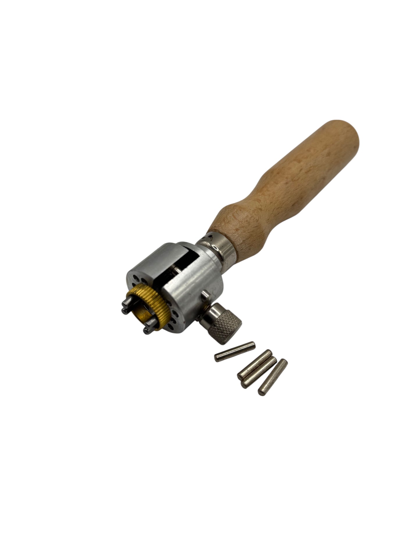 Tool with wooden handle and metal components on a white background