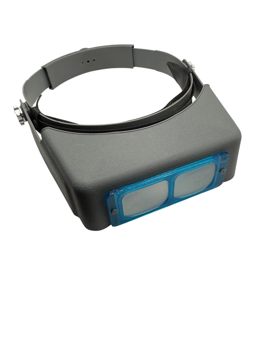 Gray magnifying glass with blue frame on a white background