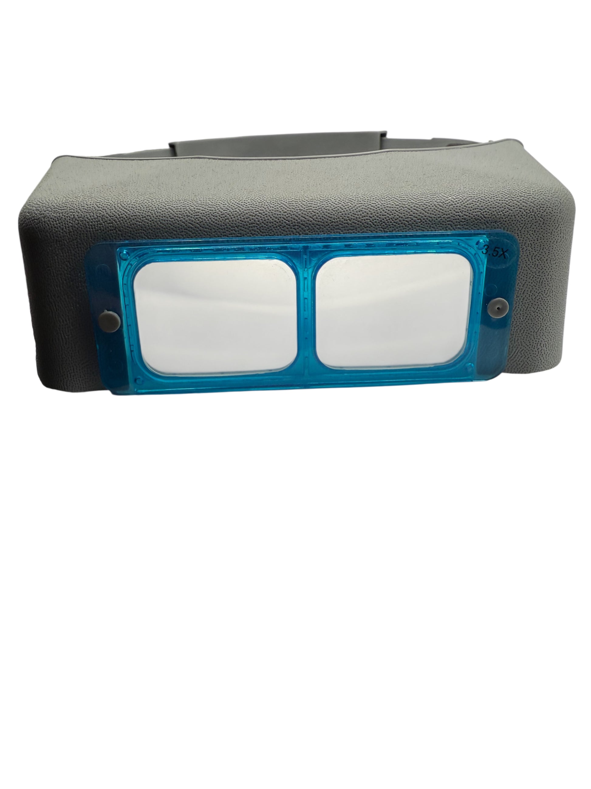 Gray cushion with blue frame and white panels on a white background