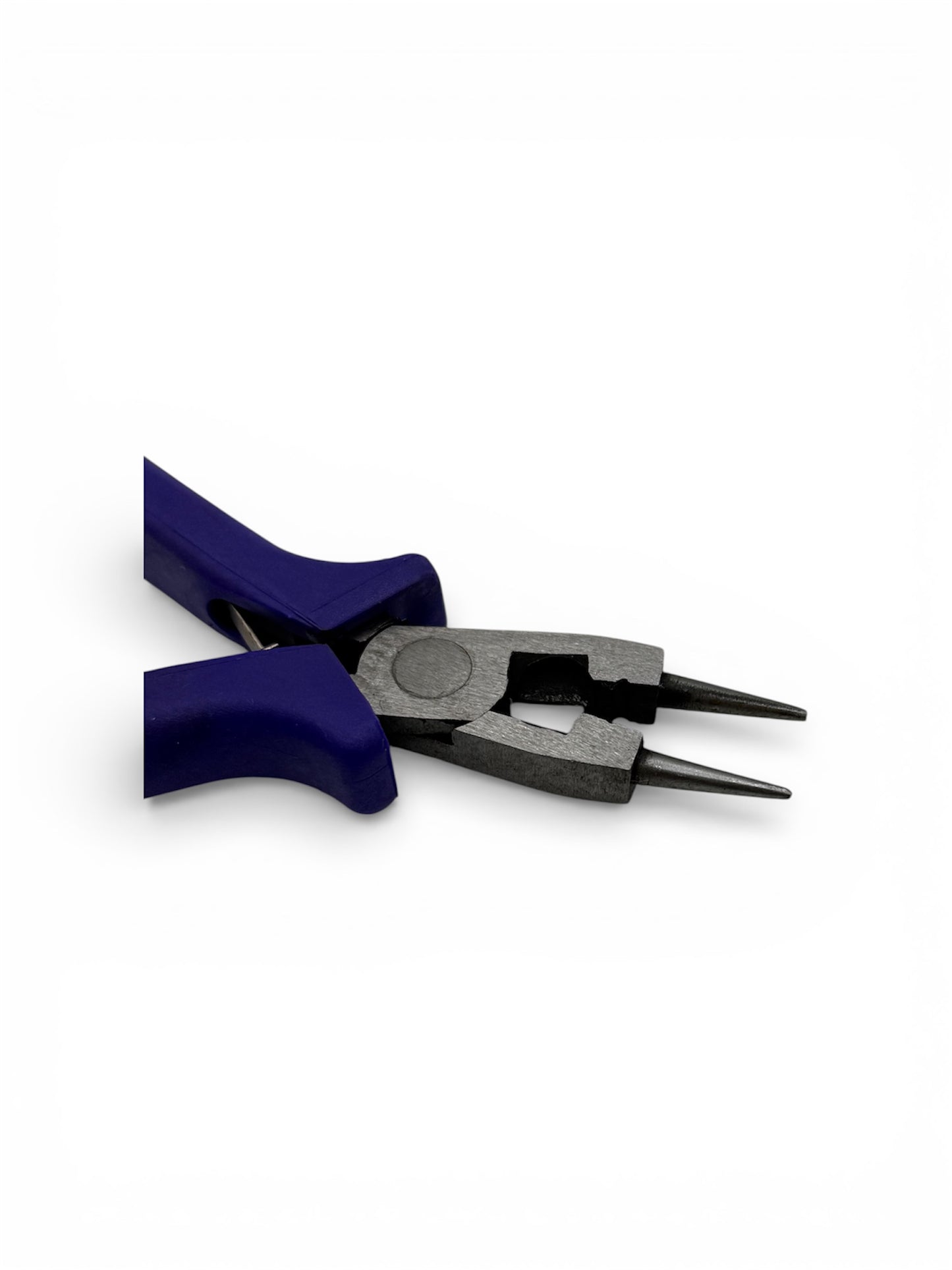 Pair of round nose pliers with blue handles on a white background