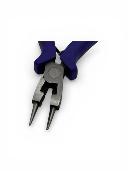 Pair of round nose pliers with purple handles on a white background