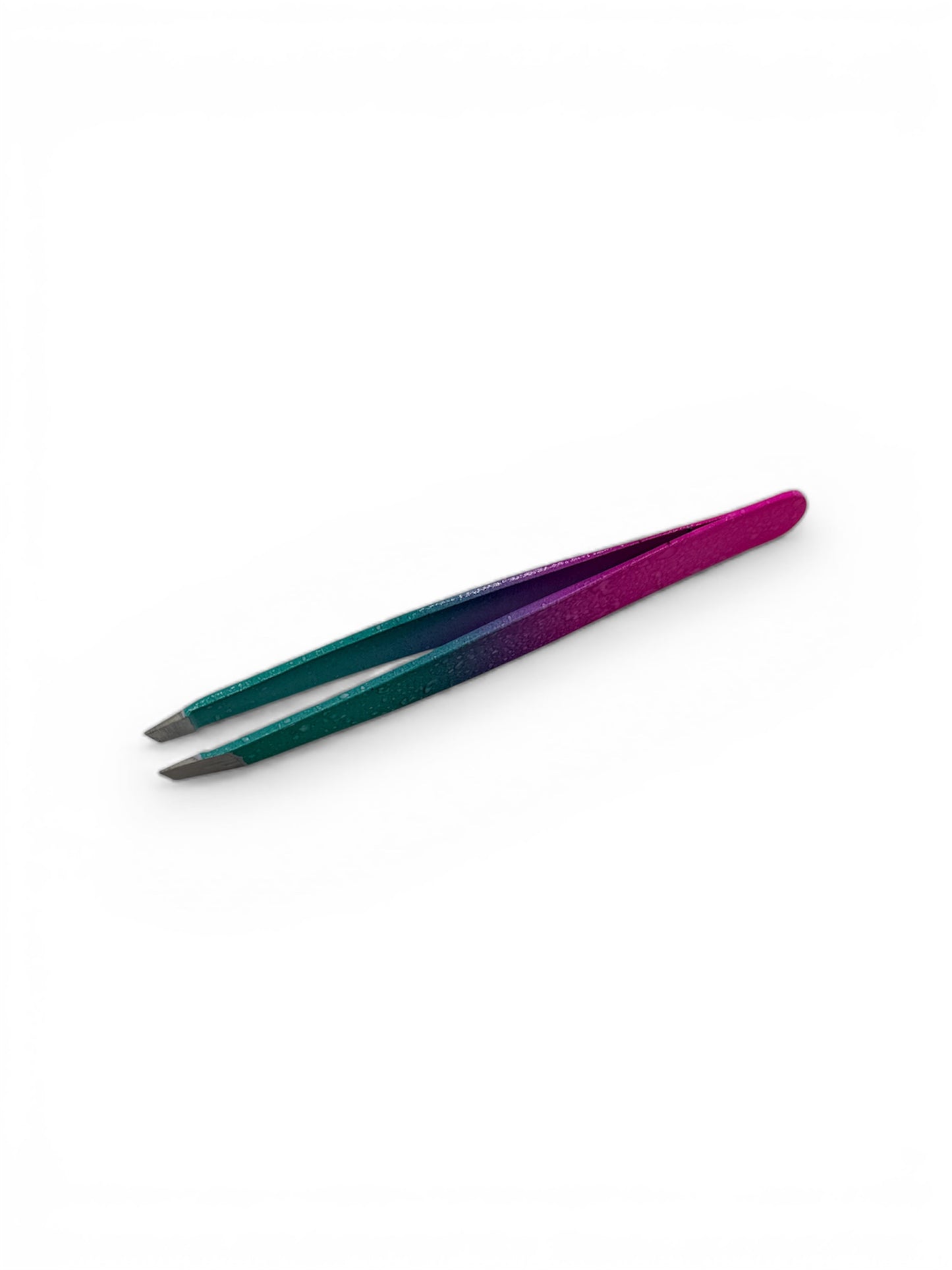 Pair of tweezers with purple and green handles on a white background