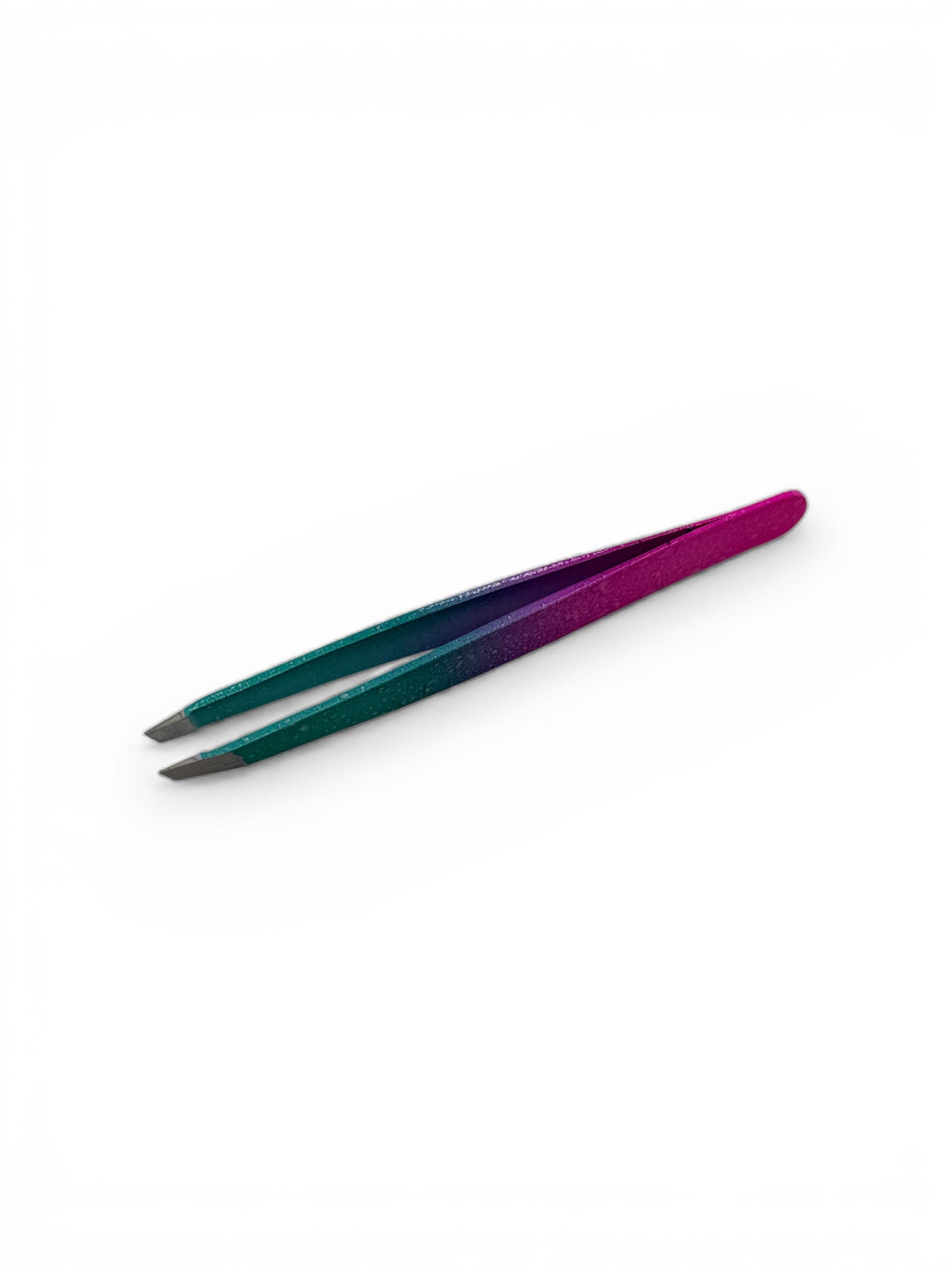 Pair of tweezers with purple and green handles on a white background
