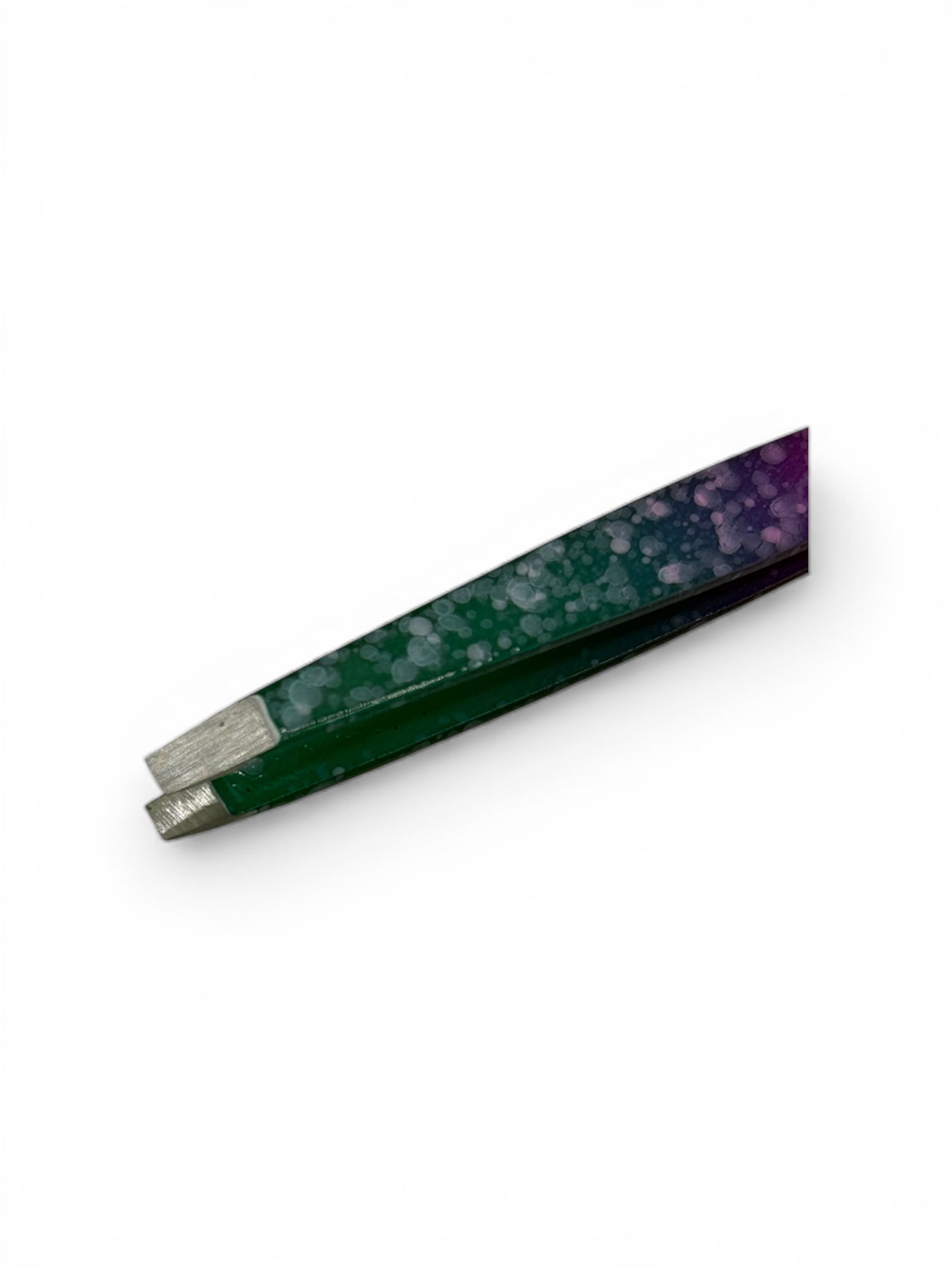 Close up of straight tipped eyebrow tweezers