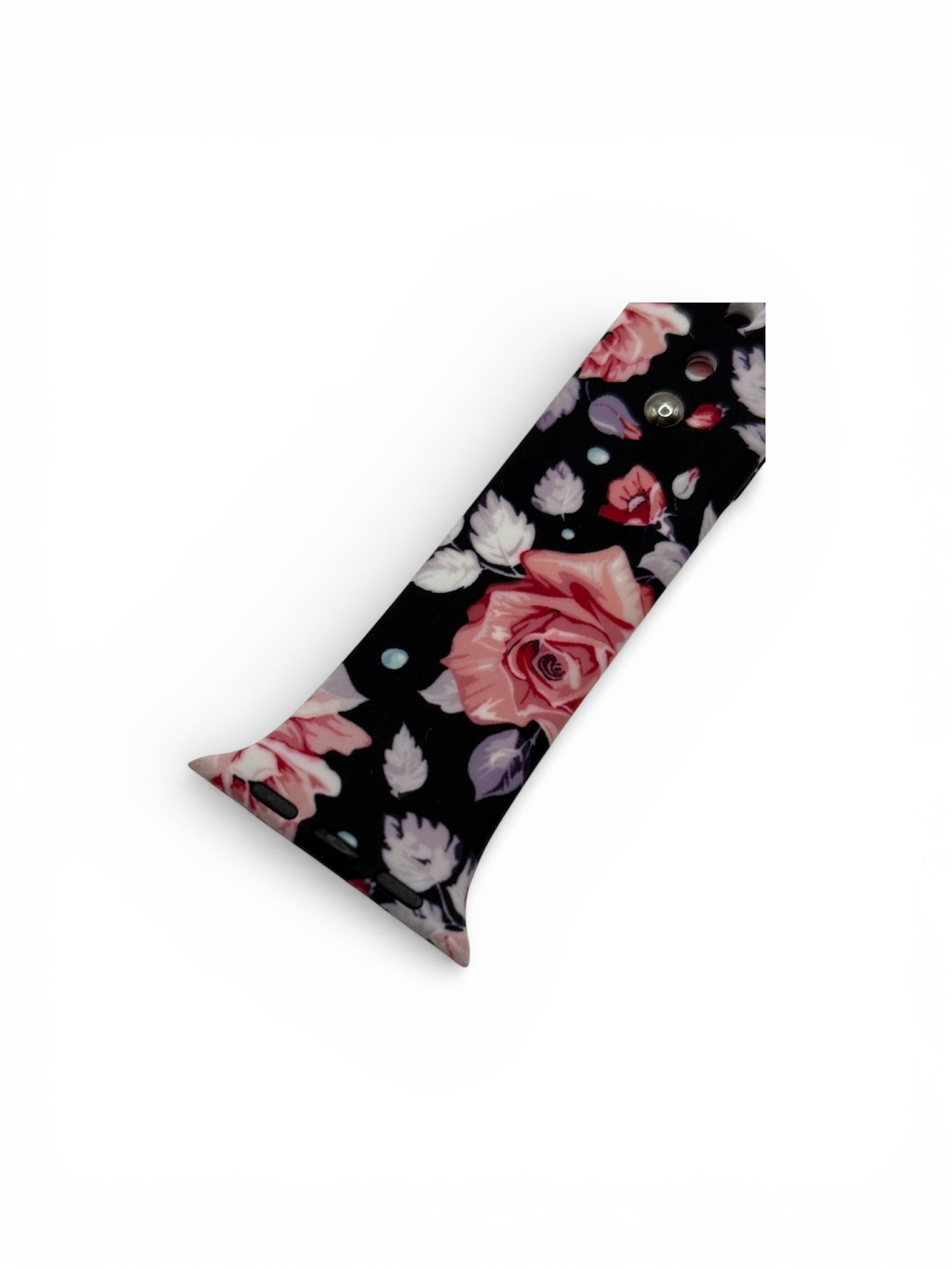 A long, narrow black accessory with a floral print featuring pink and white roses, purple accents, and small metallic studs, shown on a plain white background.
