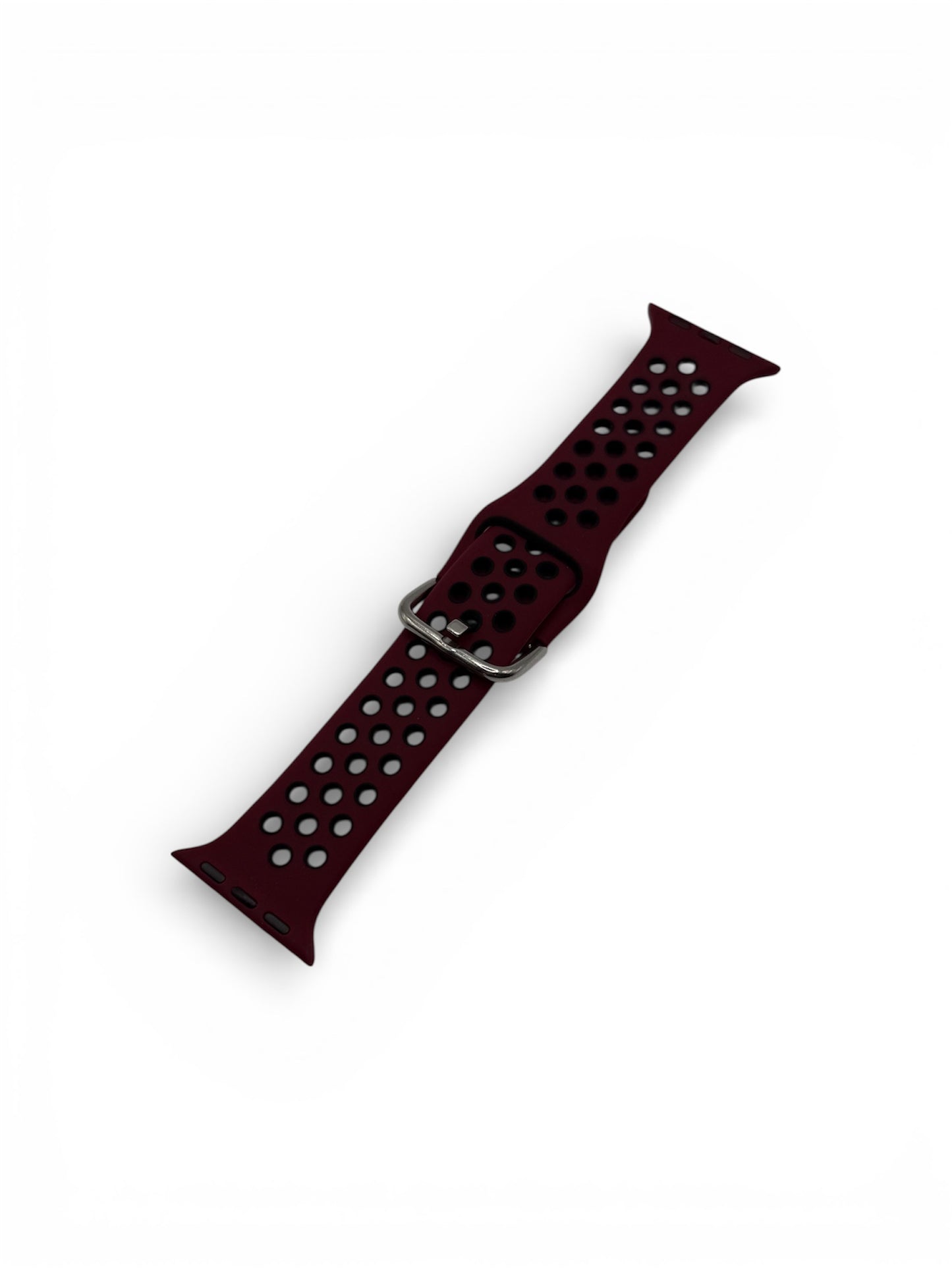 A dark burgundy perforated silicone watch band with a silver metal buckle, shown diagonally on a plain white background.