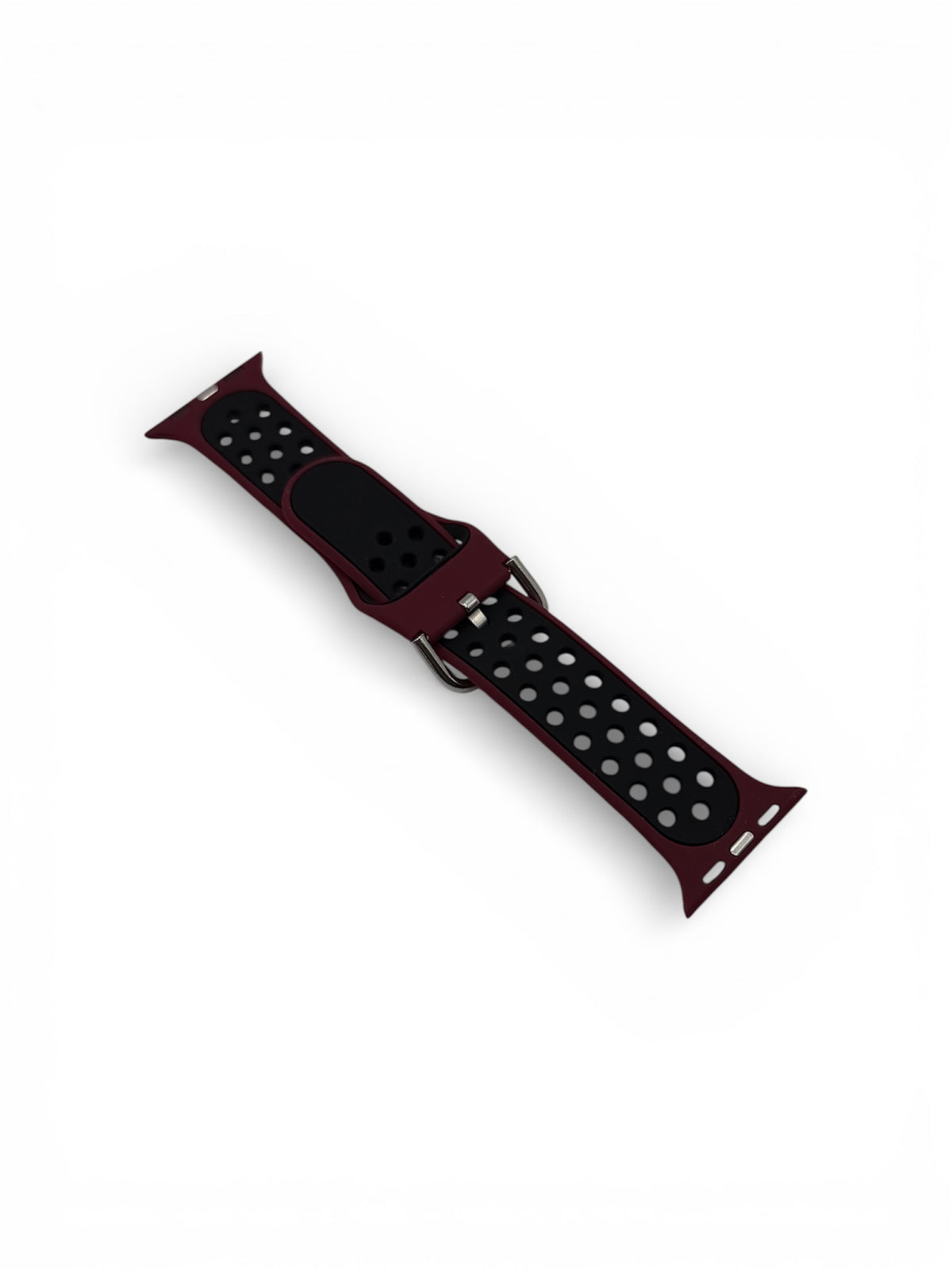 A dark red and black sport band with silver polka dots, shown diagonally on a plain white background.