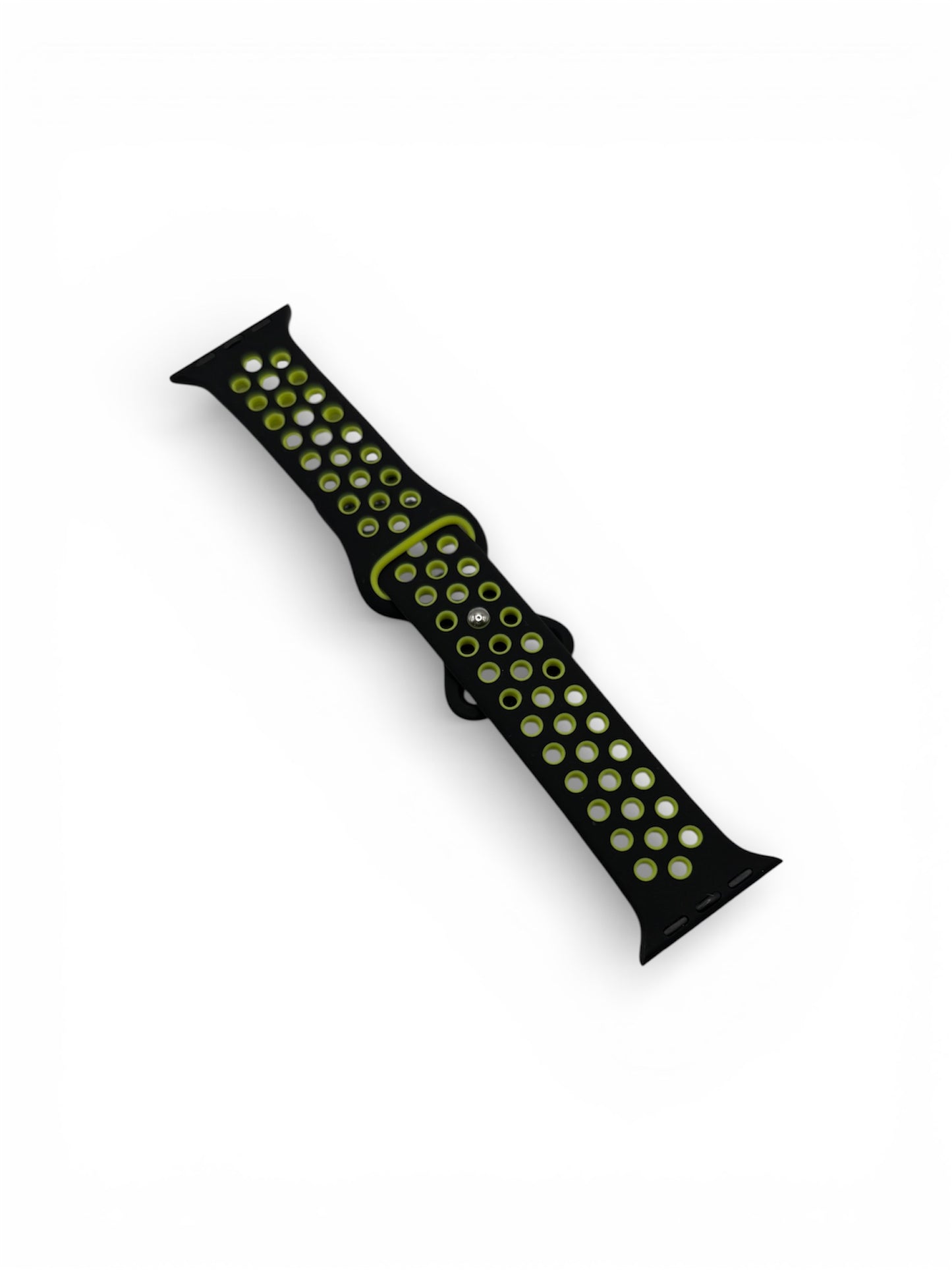 A black athletic watch band with a pattern of circular cutouts filled with small lime green dots, shown diagonally on a plain white background.