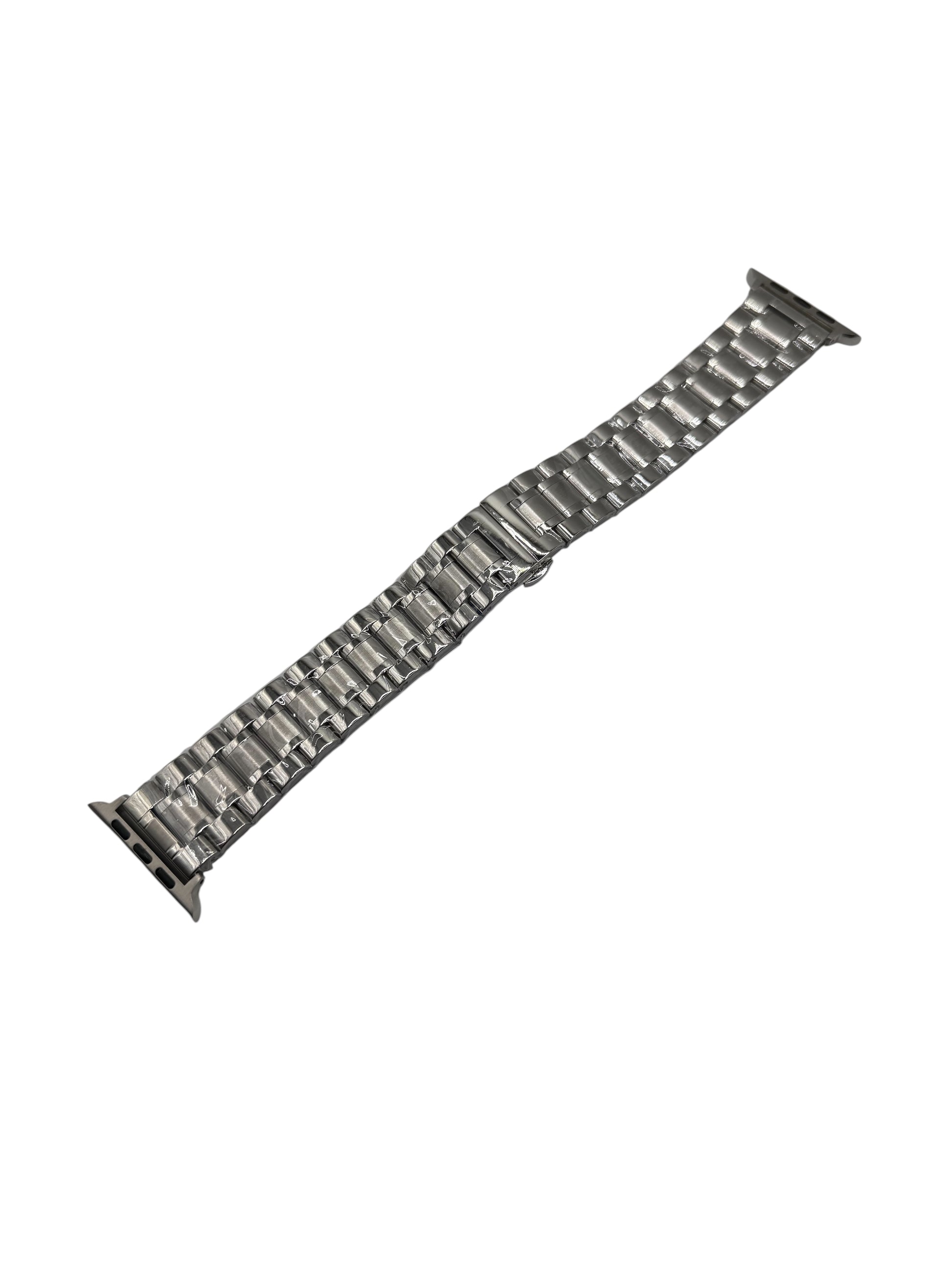 Metallic watch strap on a white background
