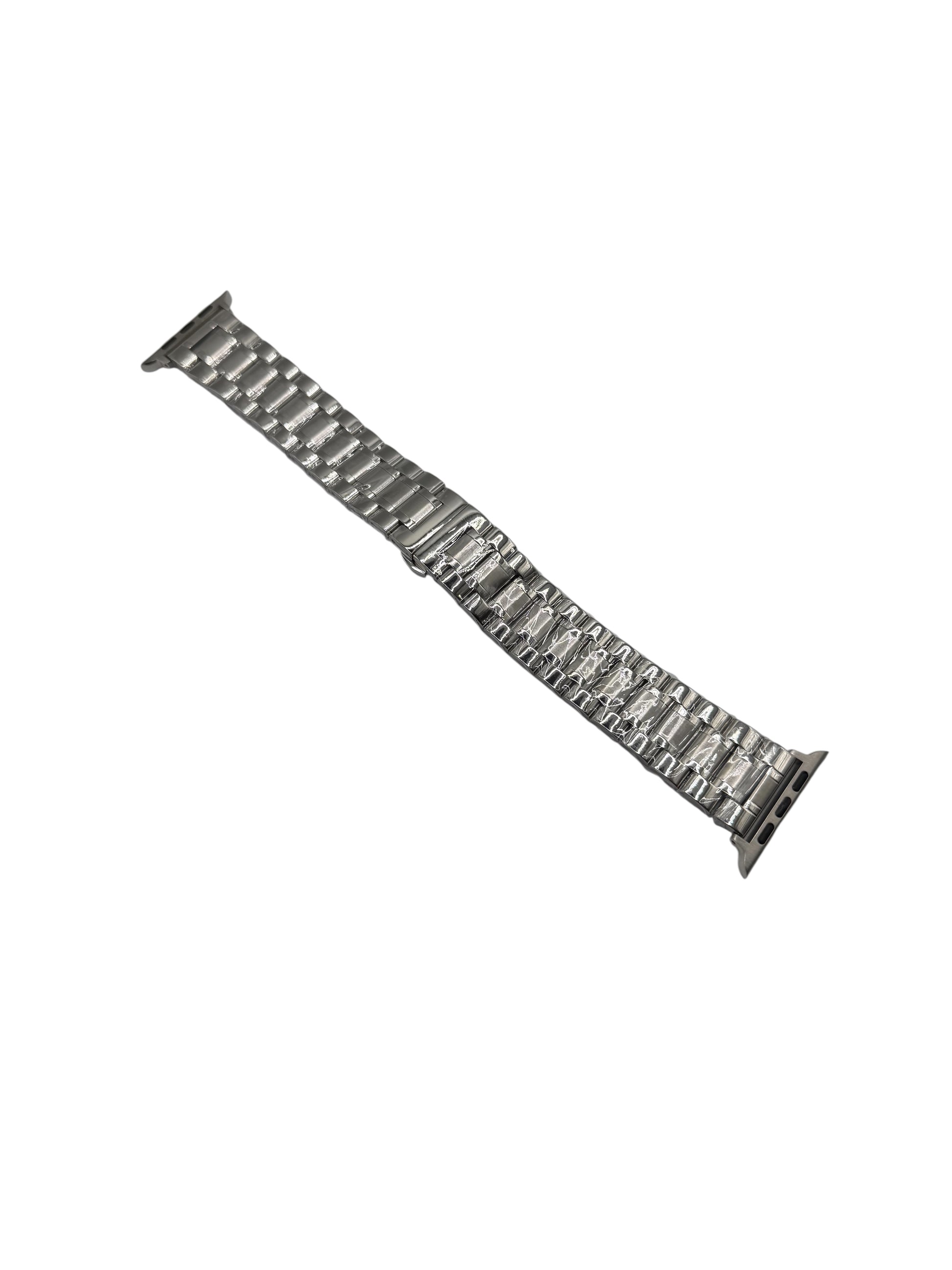 Silver metal watch band on a white background