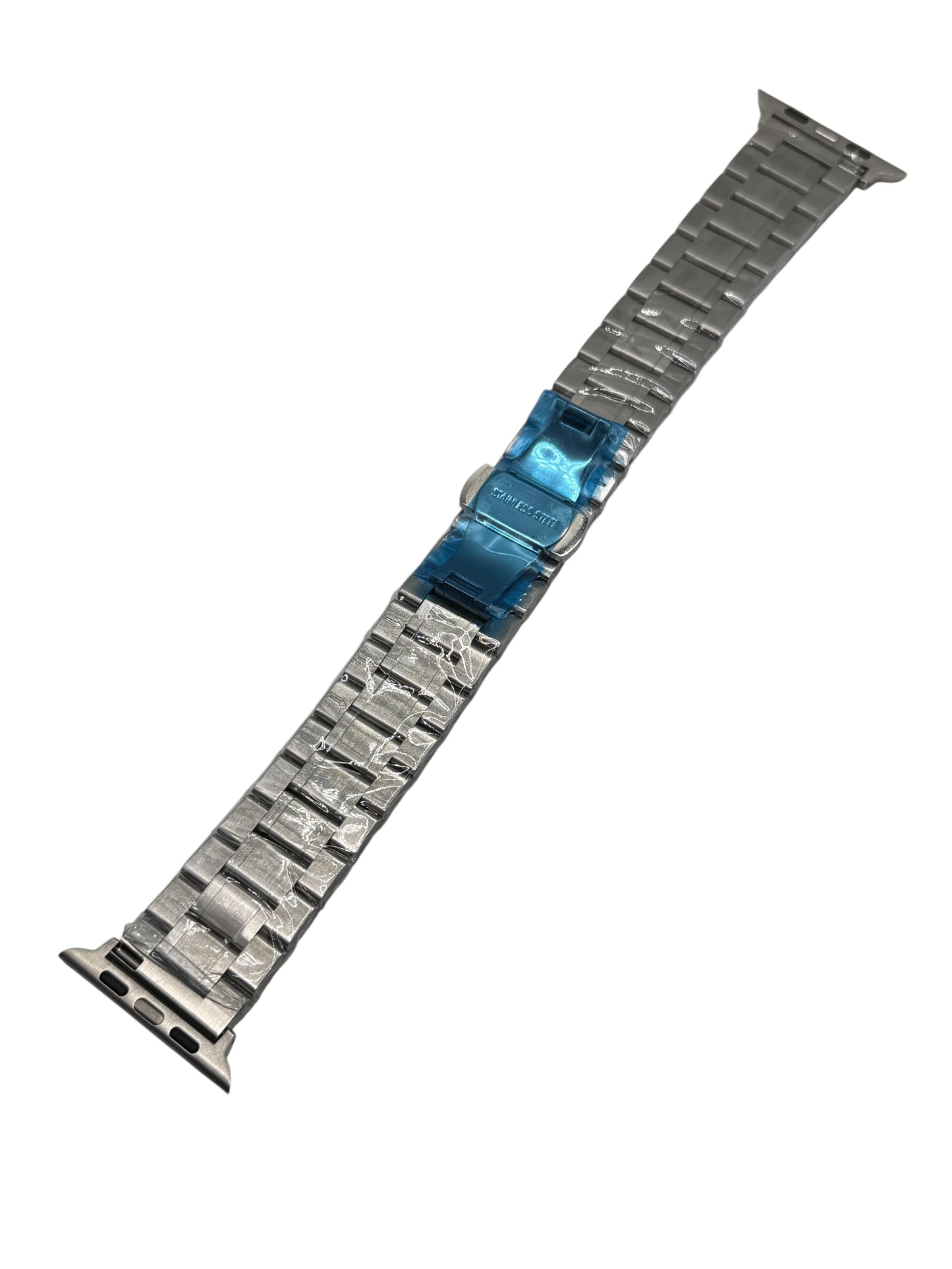 Metallic watch strap on a white background