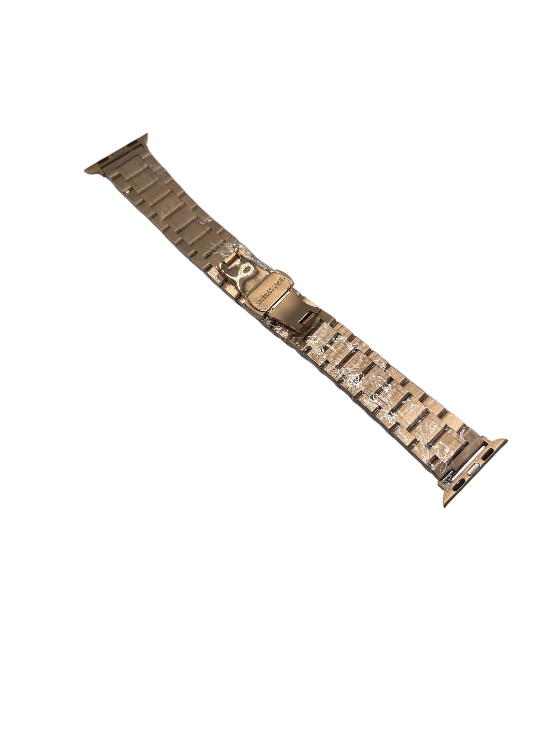 Rose gold watch strap on a white background