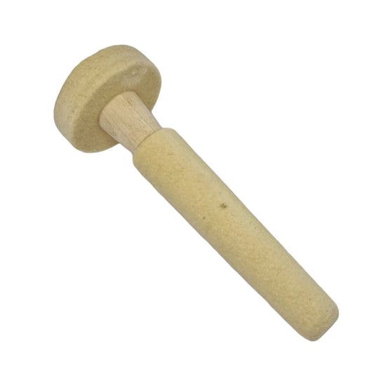 A beige felt combination polishing buff with a wooden handle, used for metal polishing.