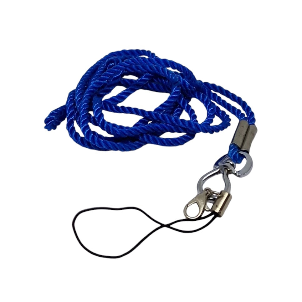 A royal blue loupe cord with a carabiner attachment and a loop for securing the cord.