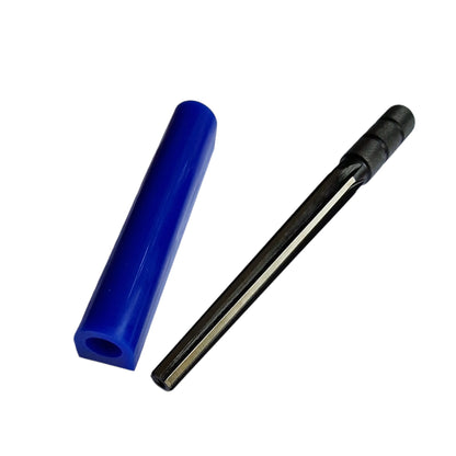 A black steel ring wax cutting mandrel tool with six sharp blades and a rod of blue ring wax
