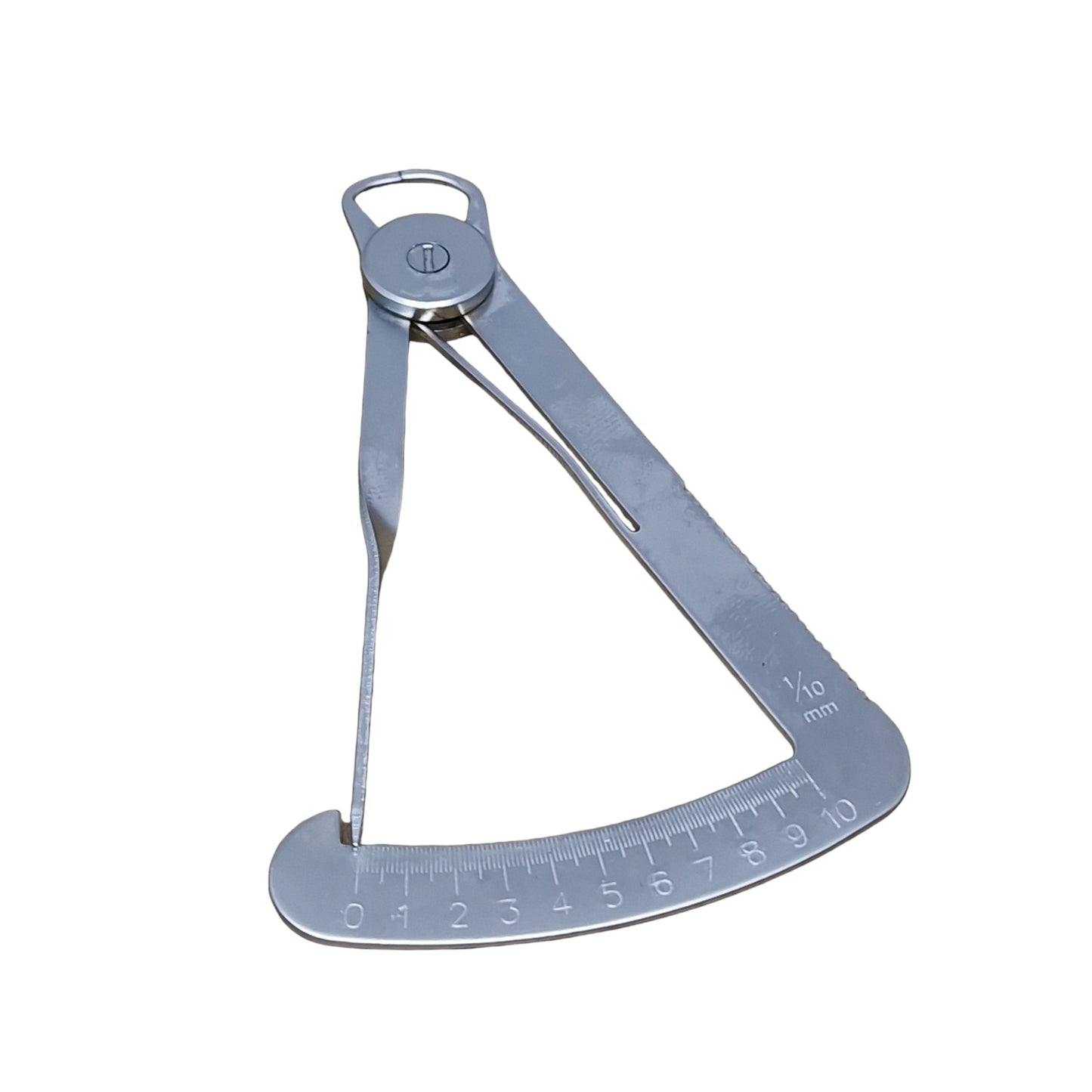 A polished steel degree gauge with millimeter readings and a spring-action mechanism.
