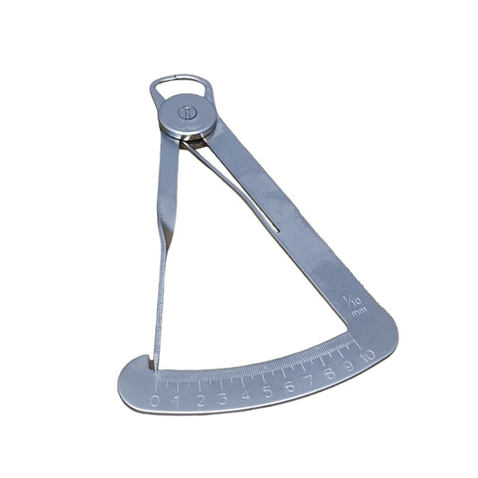 A polished steel degree gauge with millimeter readings and a spring-action mechanism.