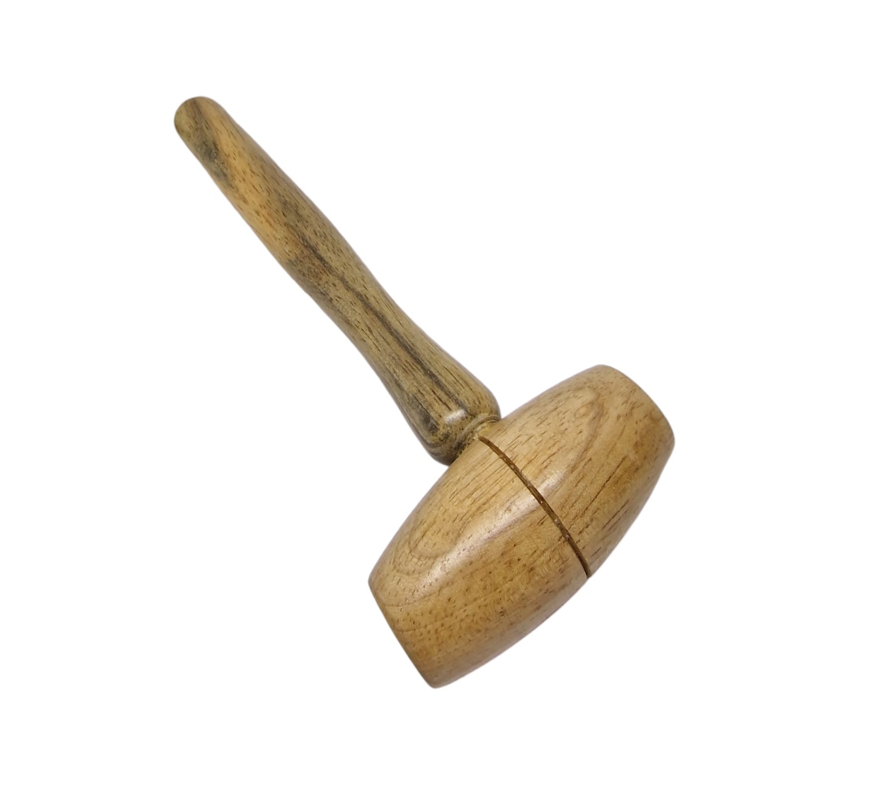 A wooden hammer with a cylindrical head and a handle, typically used for shaping metal or forming jewellery.