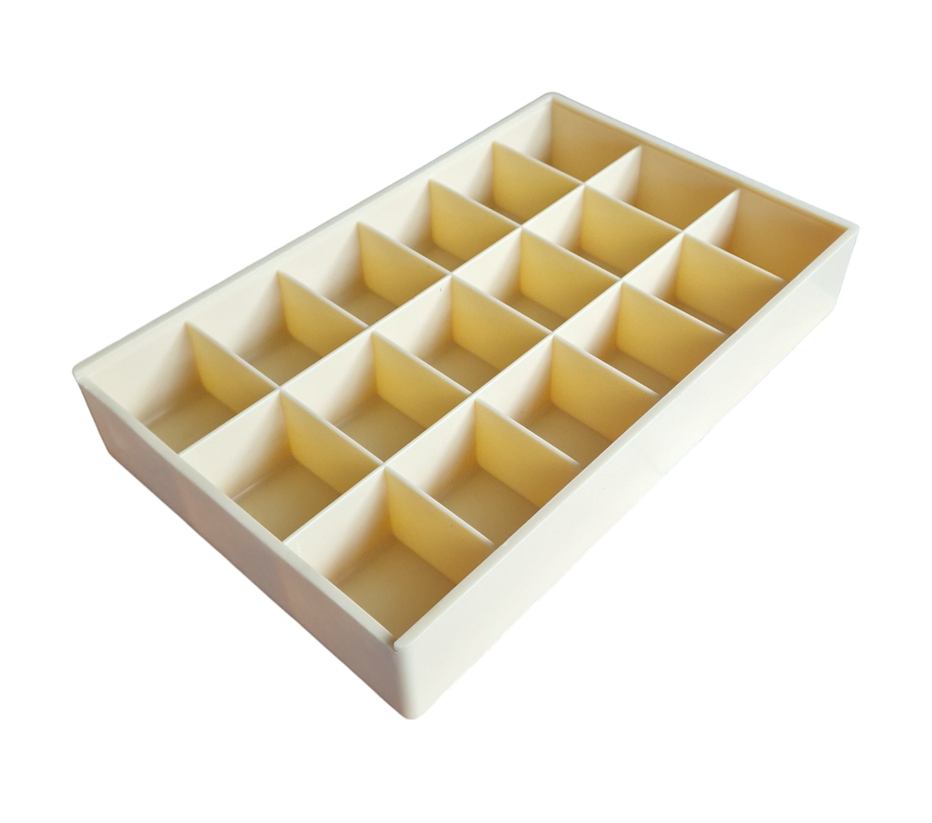 A large plastic storage box with 18 compartments, each labeled with '1' to '18', in a neutral color, likely to be used for organizing jewelry or small items.