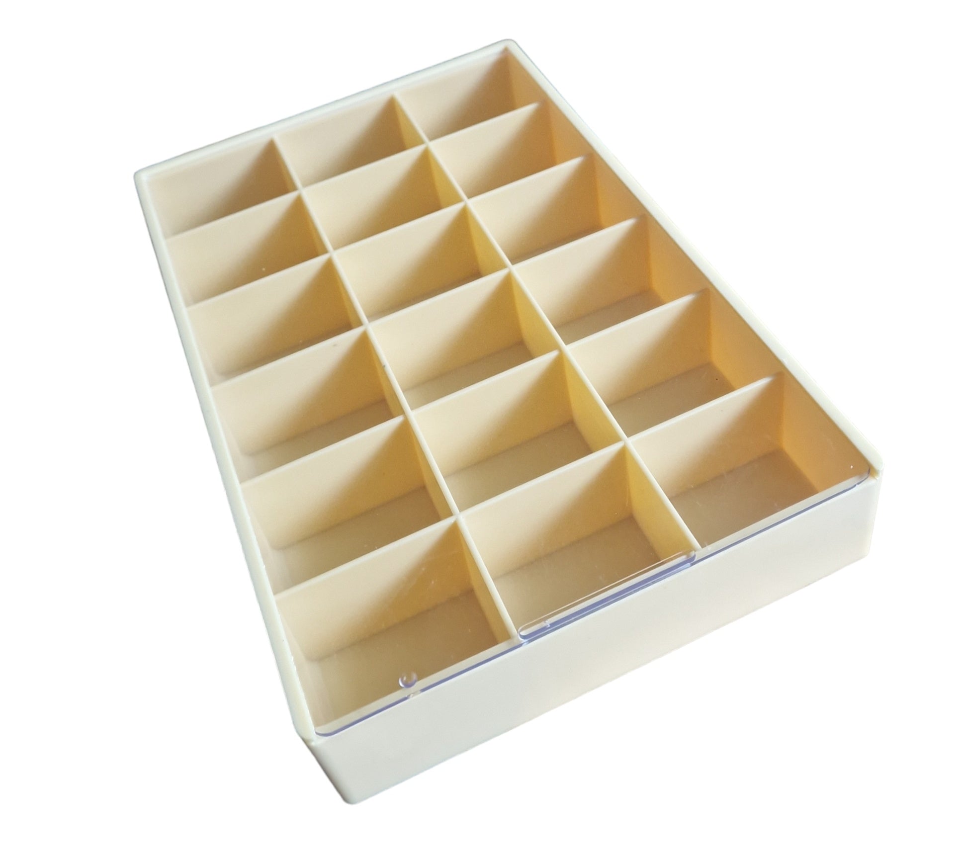 A large plastic storage box with 18 compartments, each labeled with '1' to '18', in a neutral color, likely to be used for organizing jewelry or small items.