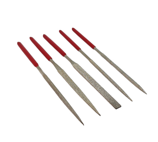 A set of five diamond needle files with red PVC-coated handles and silver-colored bodies.