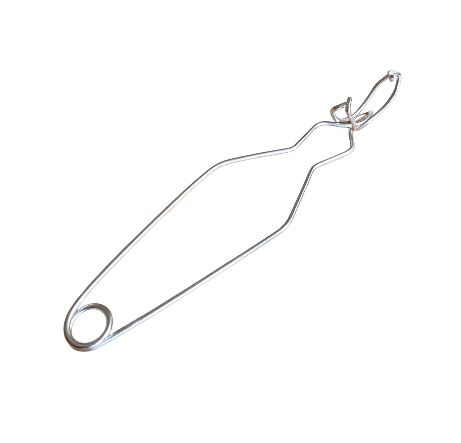 A pair of silver-colored whip wire tongs designed to grip small crucibles, with a loop at the end for hanging.